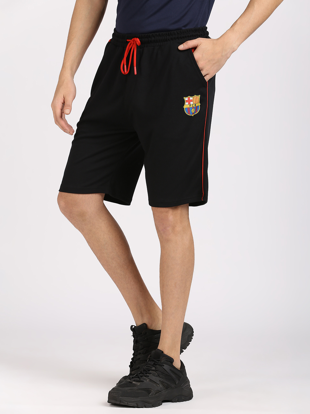 FC Barcelona Men Navy Blue Solid Regular Fit Active Polyester Shorts (2)
