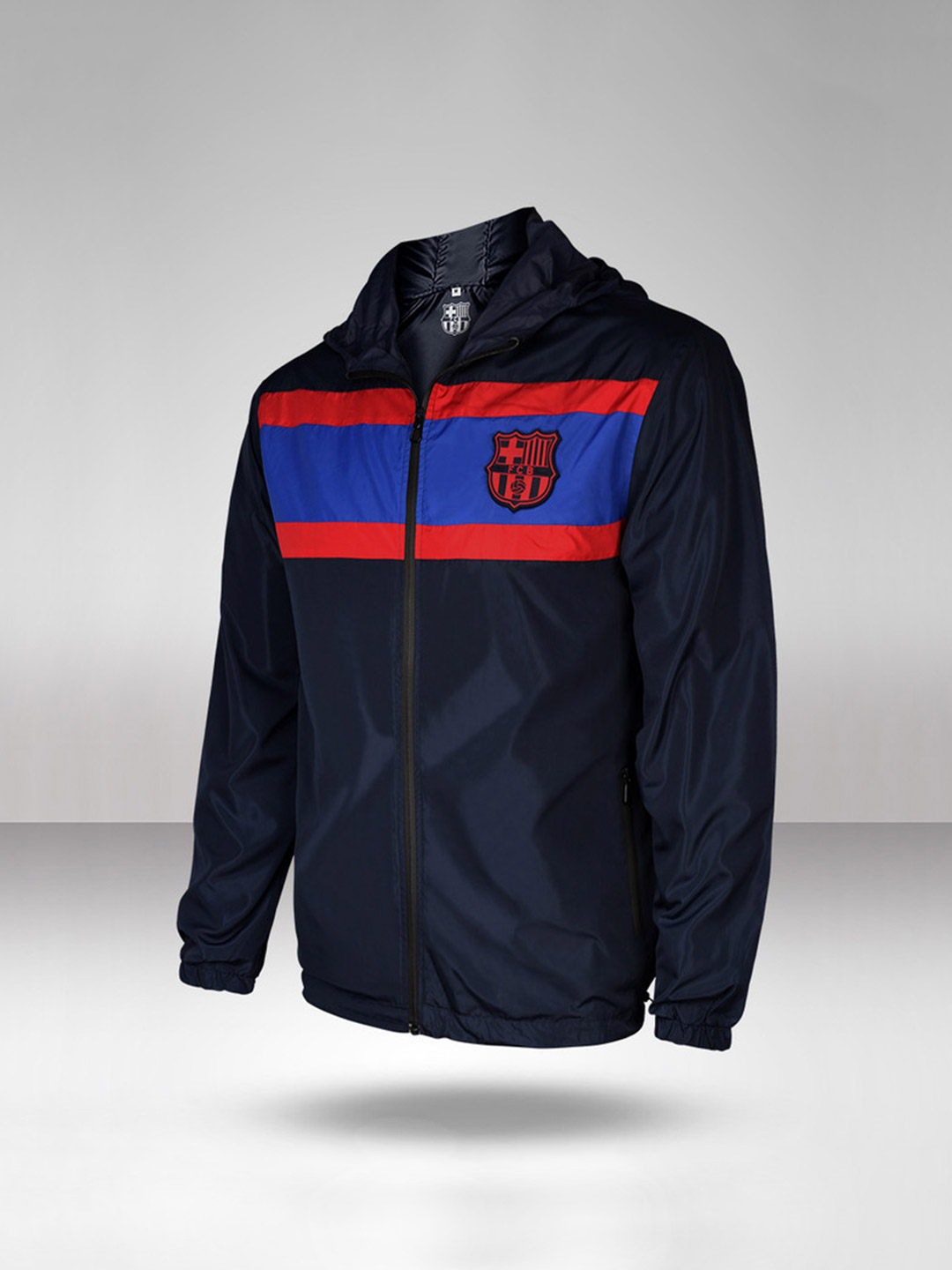 FC Barcelona Men Navy Blue Stormbreaker Sporty Hooded Jacket  (1)