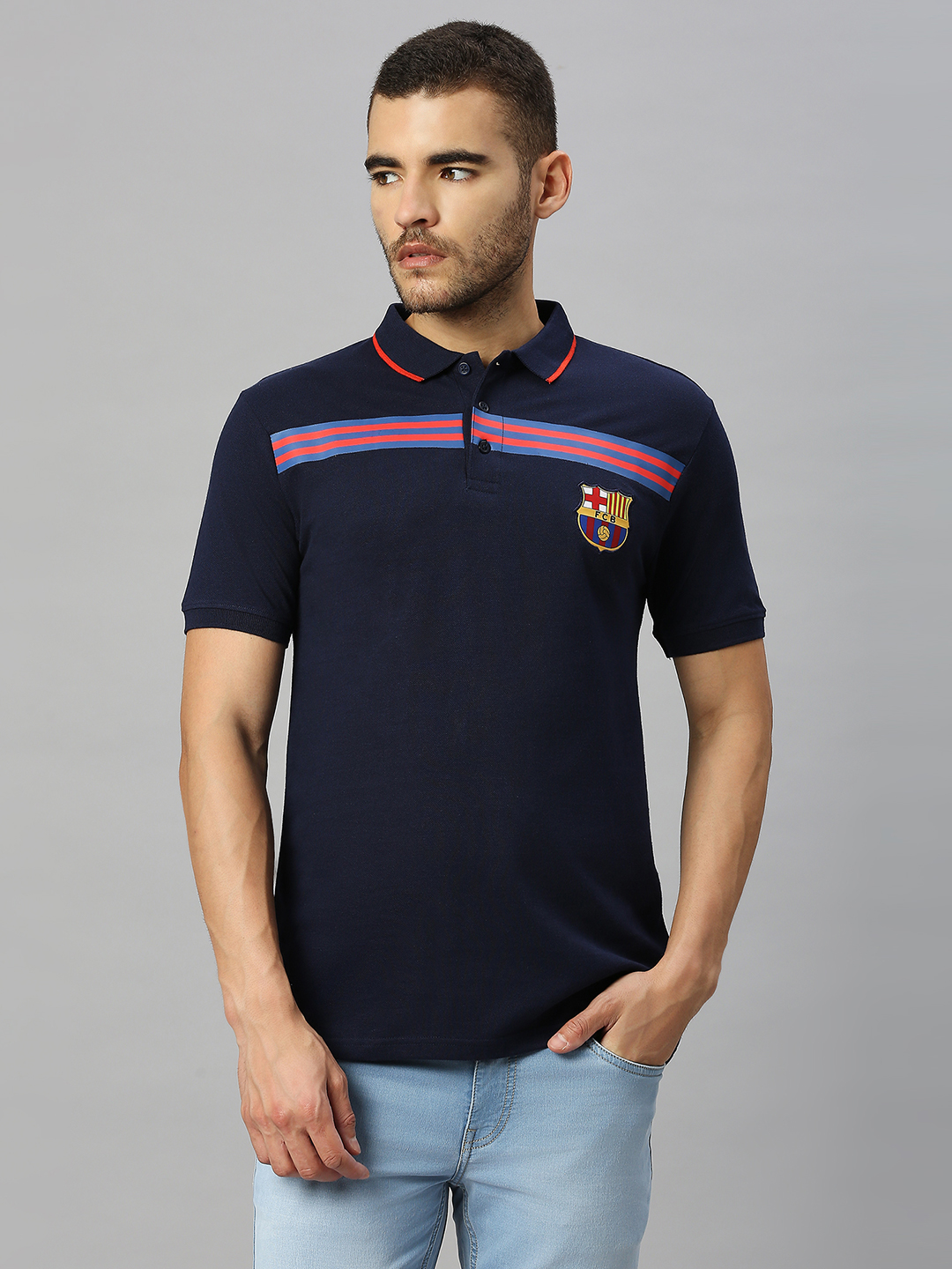 FC Barcelona Men Navy Blue Striped Half Sleeves Polo Collar Cotton T-Shirt (1)
