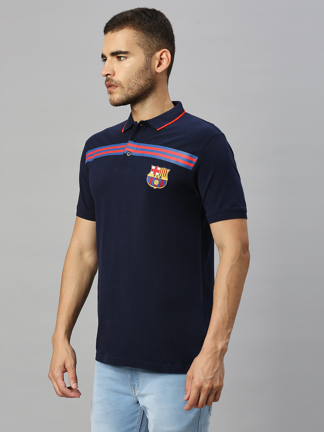 FC Barcelona Men Navy Blue Striped Half Sleeves Polo Collar Cotton T-Shirt (2)