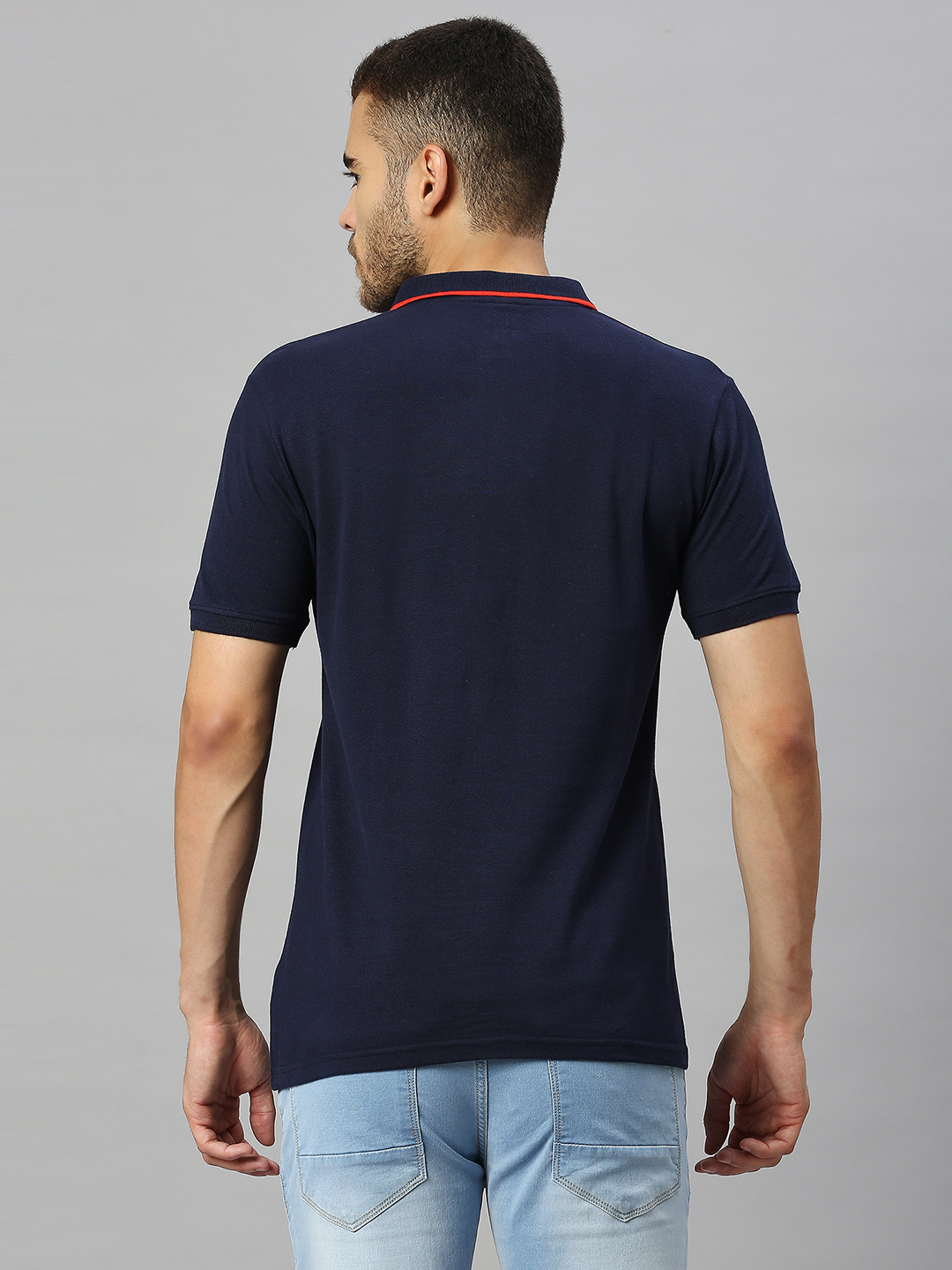 FC Barcelona Men Navy Blue Striped Half Sleeves Polo Collar Cotton T-Shirt (3)