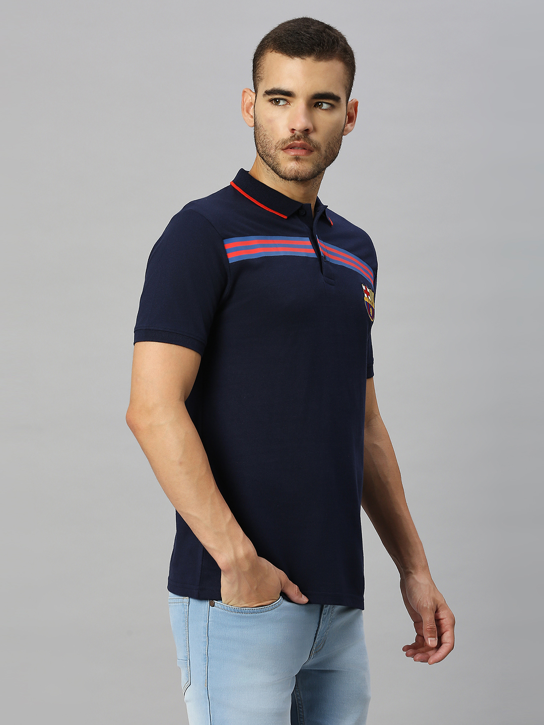 FC Barcelona Men Navy Blue Striped Half Sleeves Polo Collar Cotton T-Shirt (4)