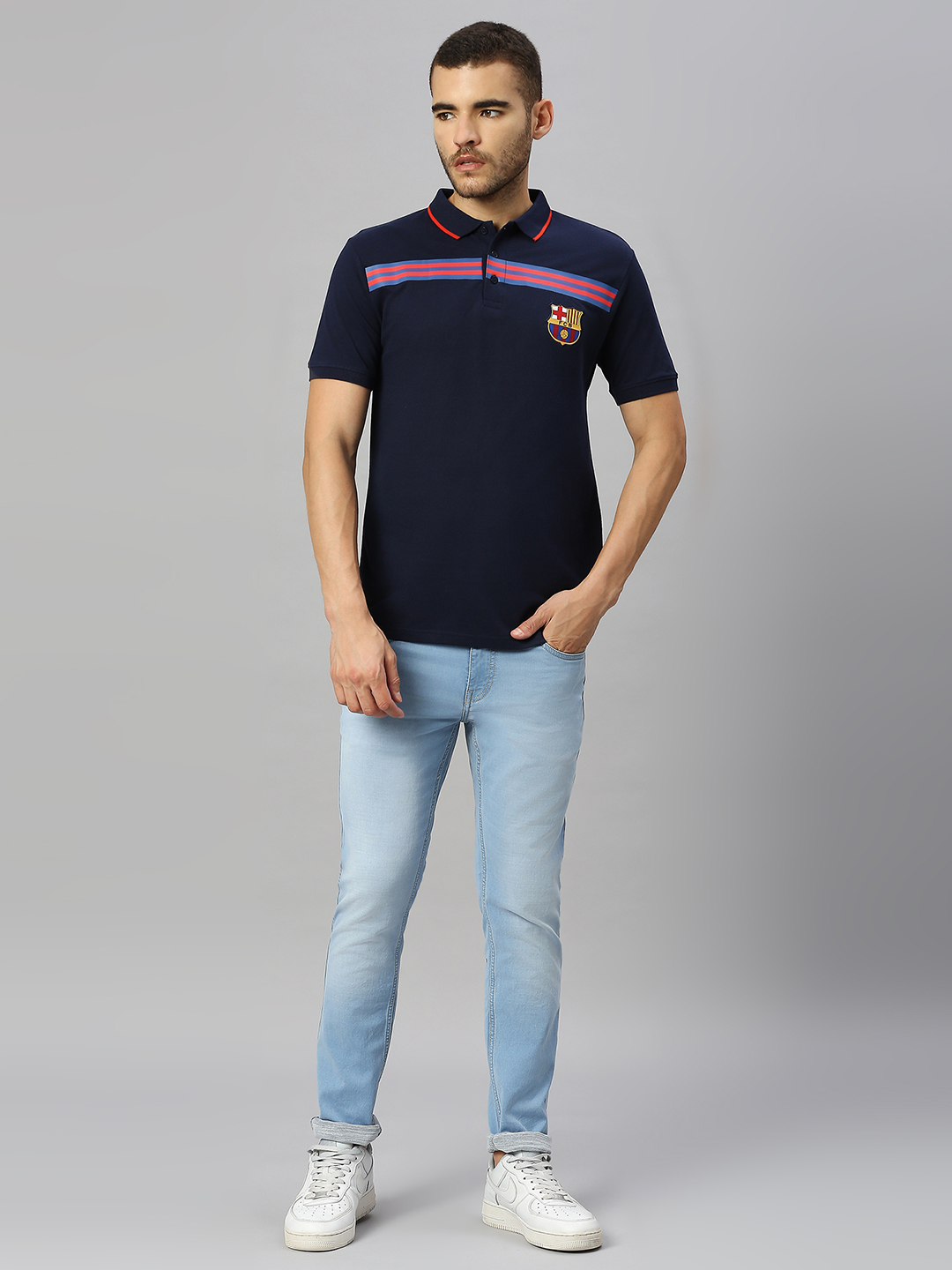 FC Barcelona Men Navy Blue Striped Half Sleeves Polo Collar Cotton T-Shirt (5)