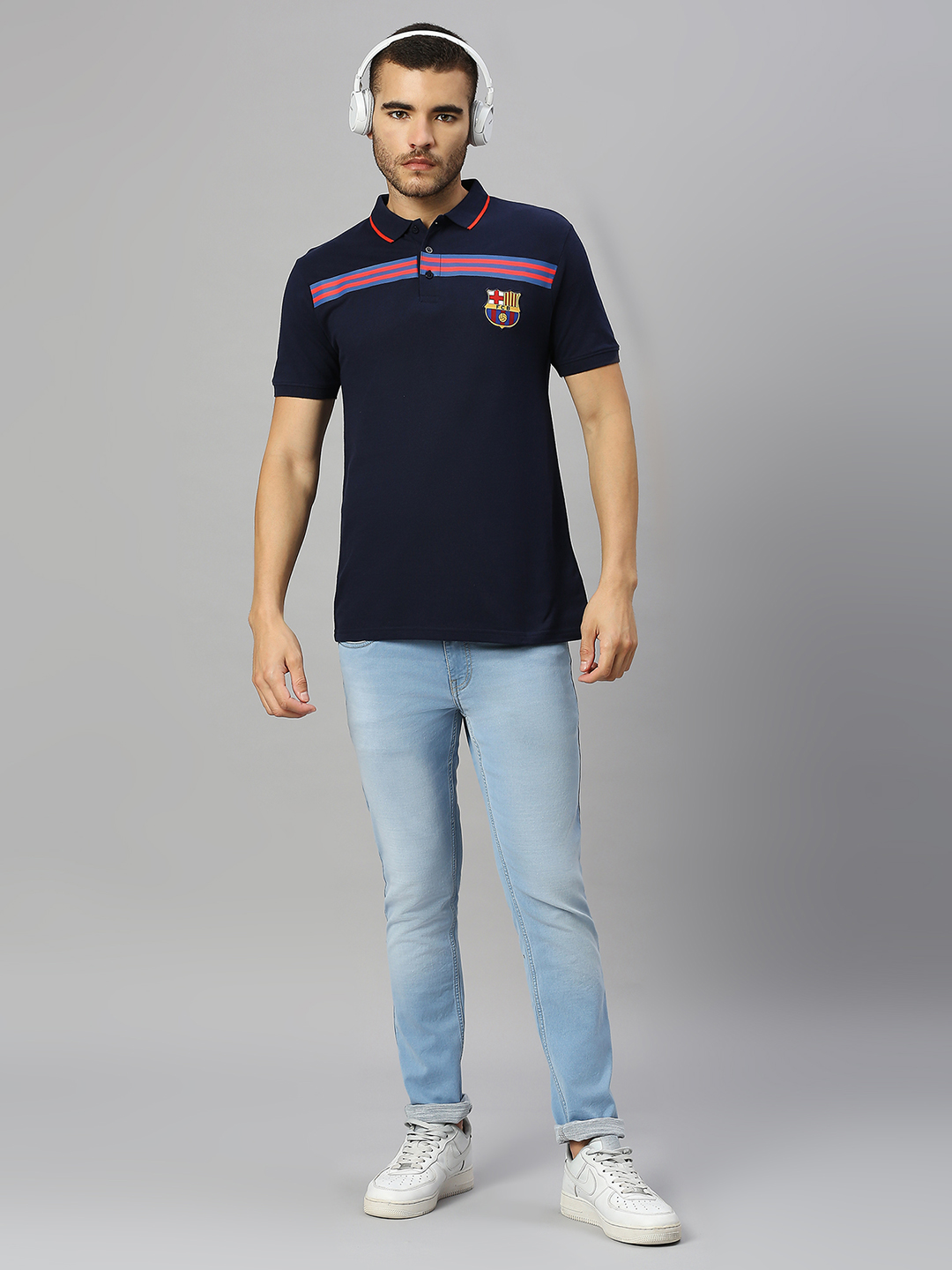 Men Navy Blue Striped Half Sleeves Polo Collar Cotton T-Shirt