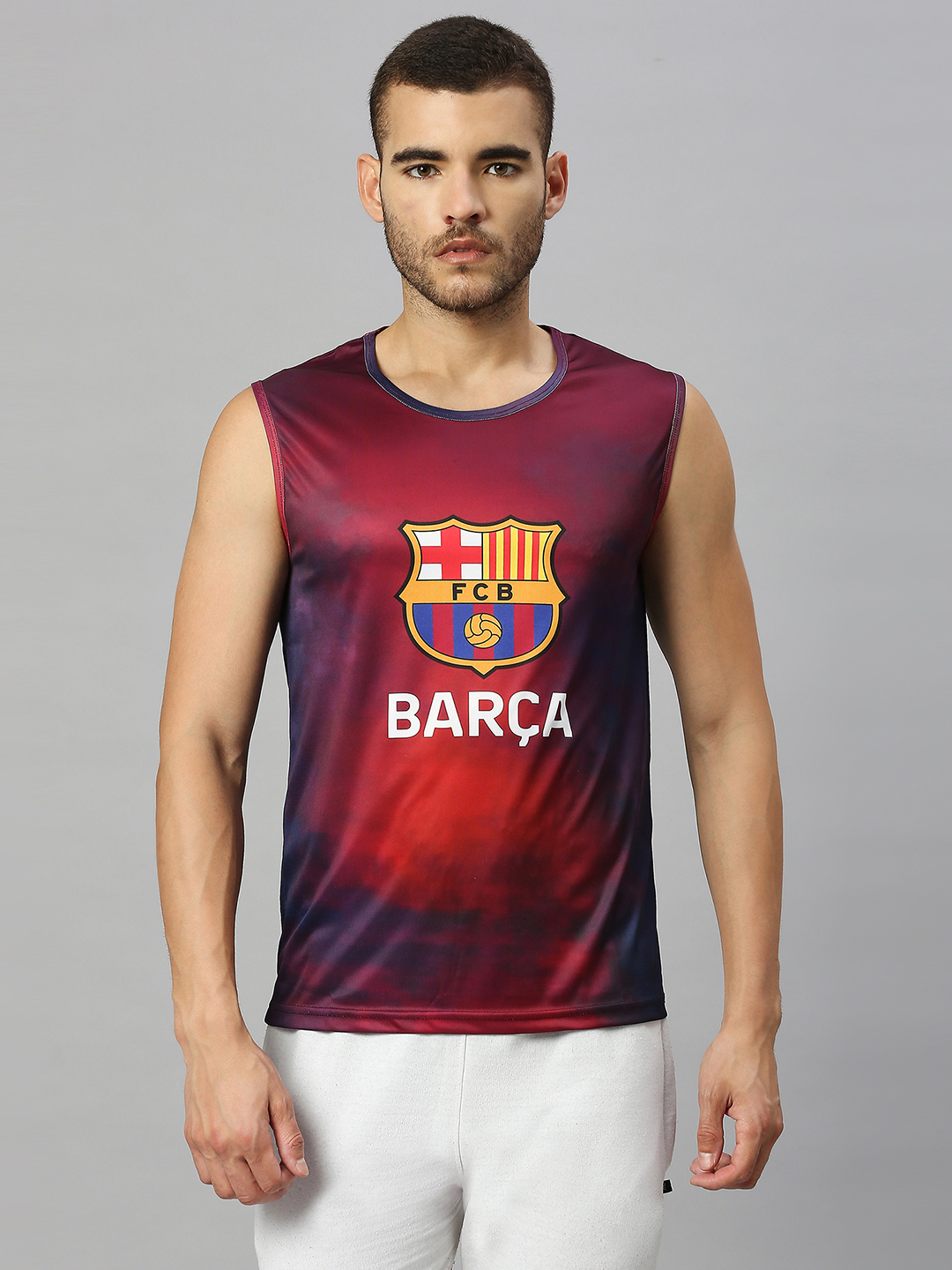 FC Barcelona Men Red and Navy Blue Graphic Printed Round Neck Sleeveless Vest (1)