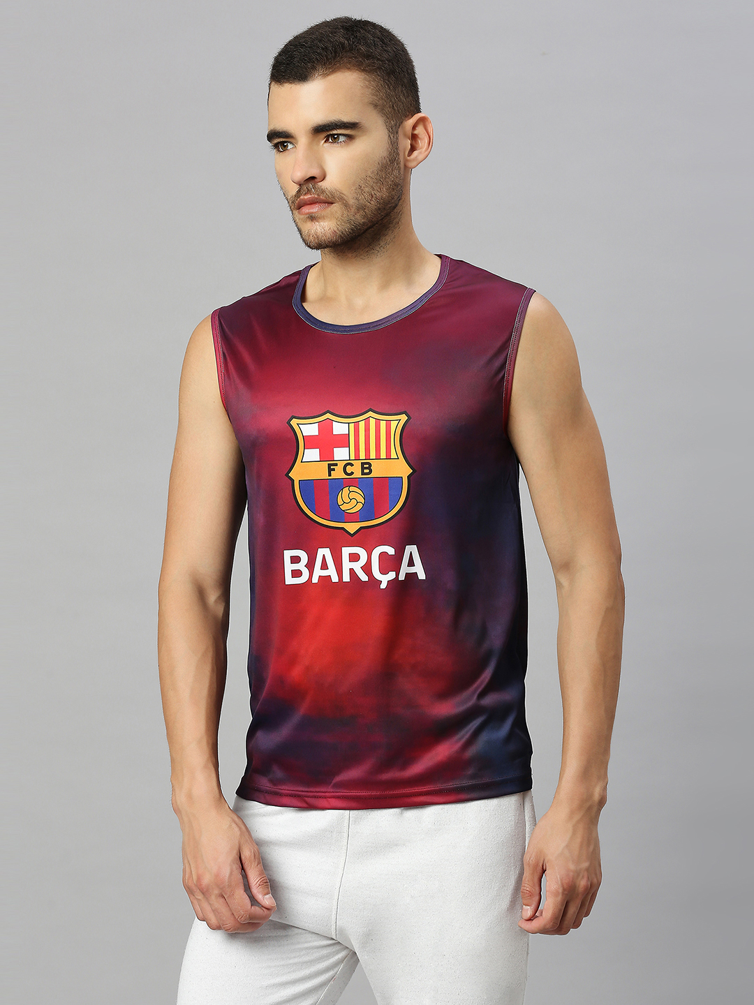 FC Barcelona Men Red and Navy Blue Graphic Printed Round Neck Sleeveless Vest (2)