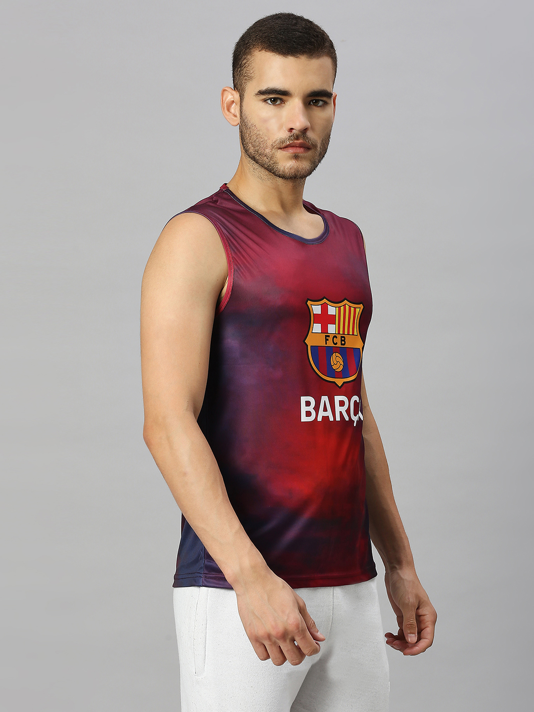 FC Barcelona Men Red and Navy Blue Graphic Printed Round Neck Sleeveless Vest (4)