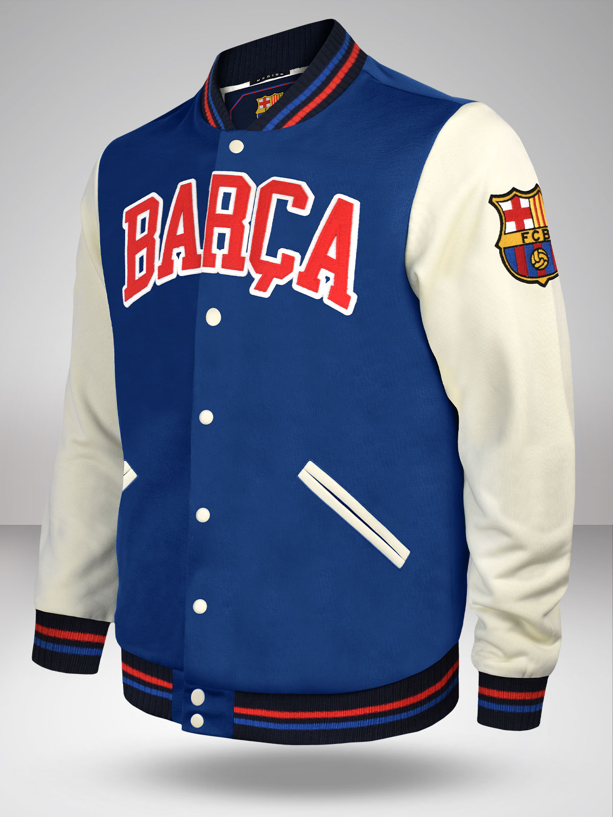 Men Royal Blue Printed Full Sleeves Stand-Collar Outdoor Polyester Letterman Jacket