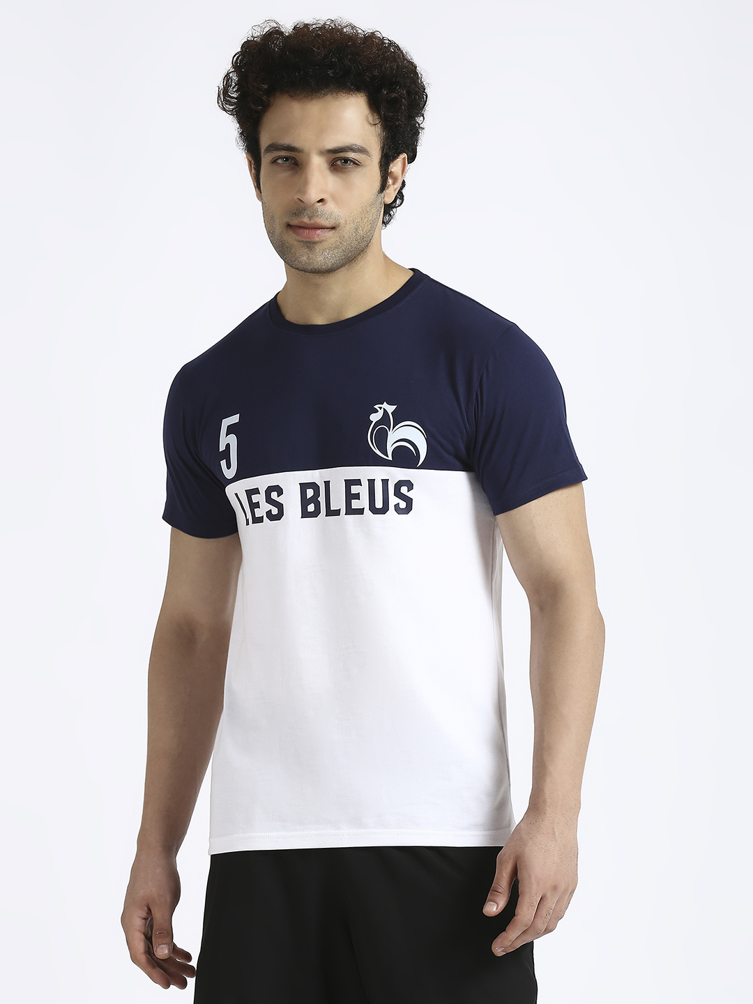 Men Navy Blue and White Colourblocked Round Neck Half Sleeves Cotton T-Shirt