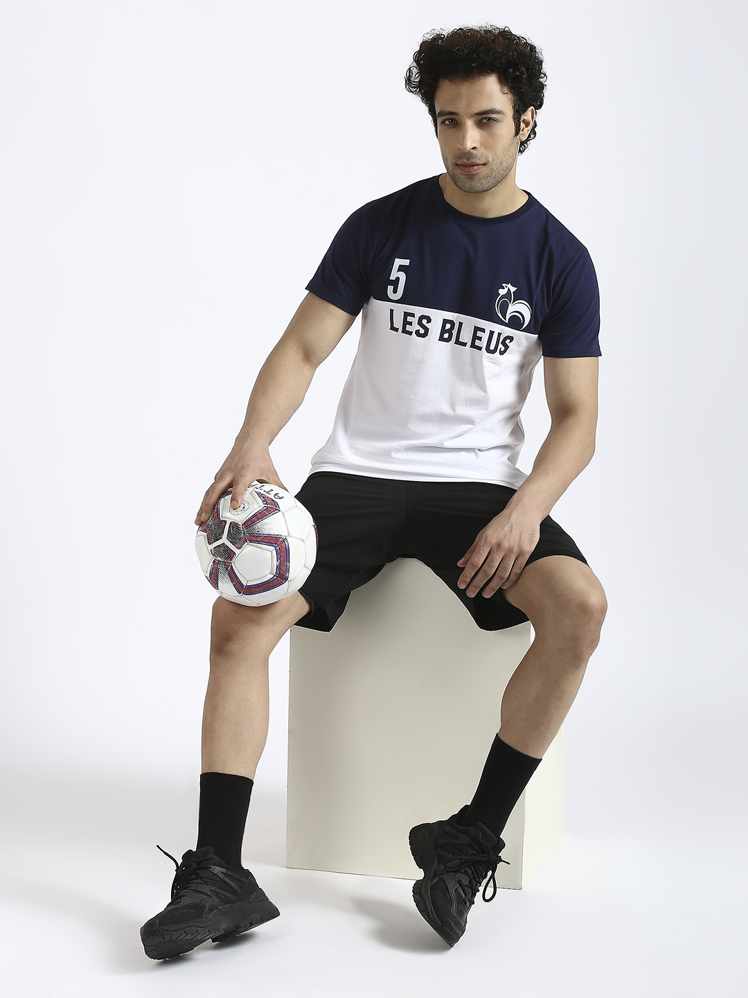 France Men Navy Blue and White Colourblocked Round Neck Half Sleeves Cotton T-Shirt (7)