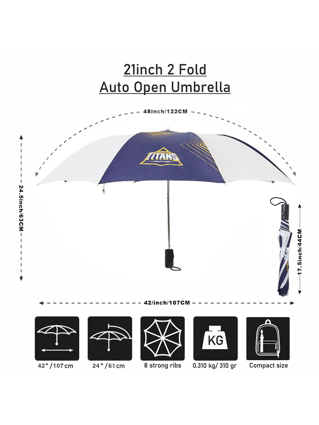 Gujarat Titans 24.5 Inch 2-Fold Automatic Umbrella for Men and Women - Navy Blue/White (2)