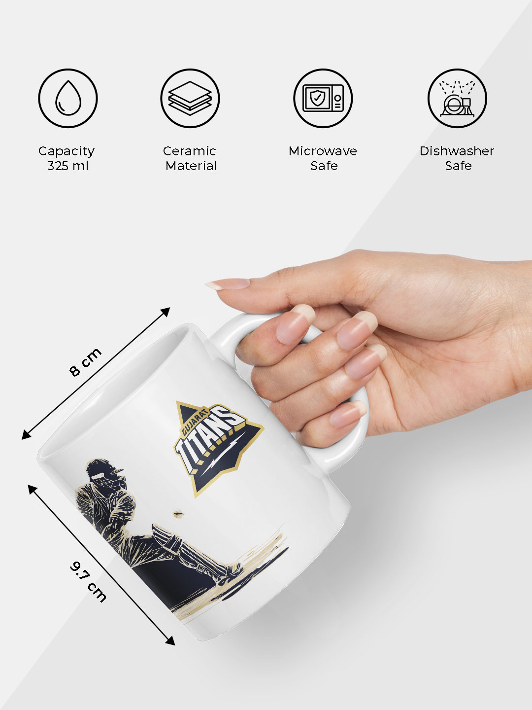 Gujarat Titans Ceramic Glossy Printed Mug, Microwave and Dishwasher Safe, Tea and Coffee Mug - 325 ml (White & Blue) - P (7)