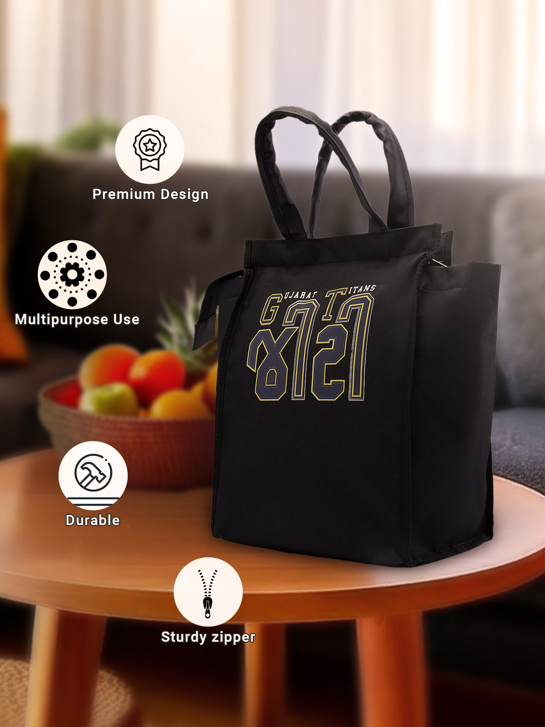 Gujarat Titans Insulated Lunch Bag for Men and Women with Canvas Fabric Zip Closure Multipurpose Bag (Black) (4)