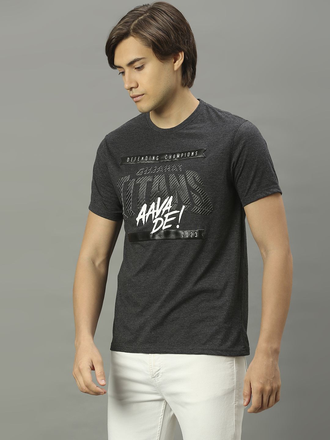Gujarat Titans Men Anthra Melange Typography Print Half Sleves Round Neck T-Shirt (4)