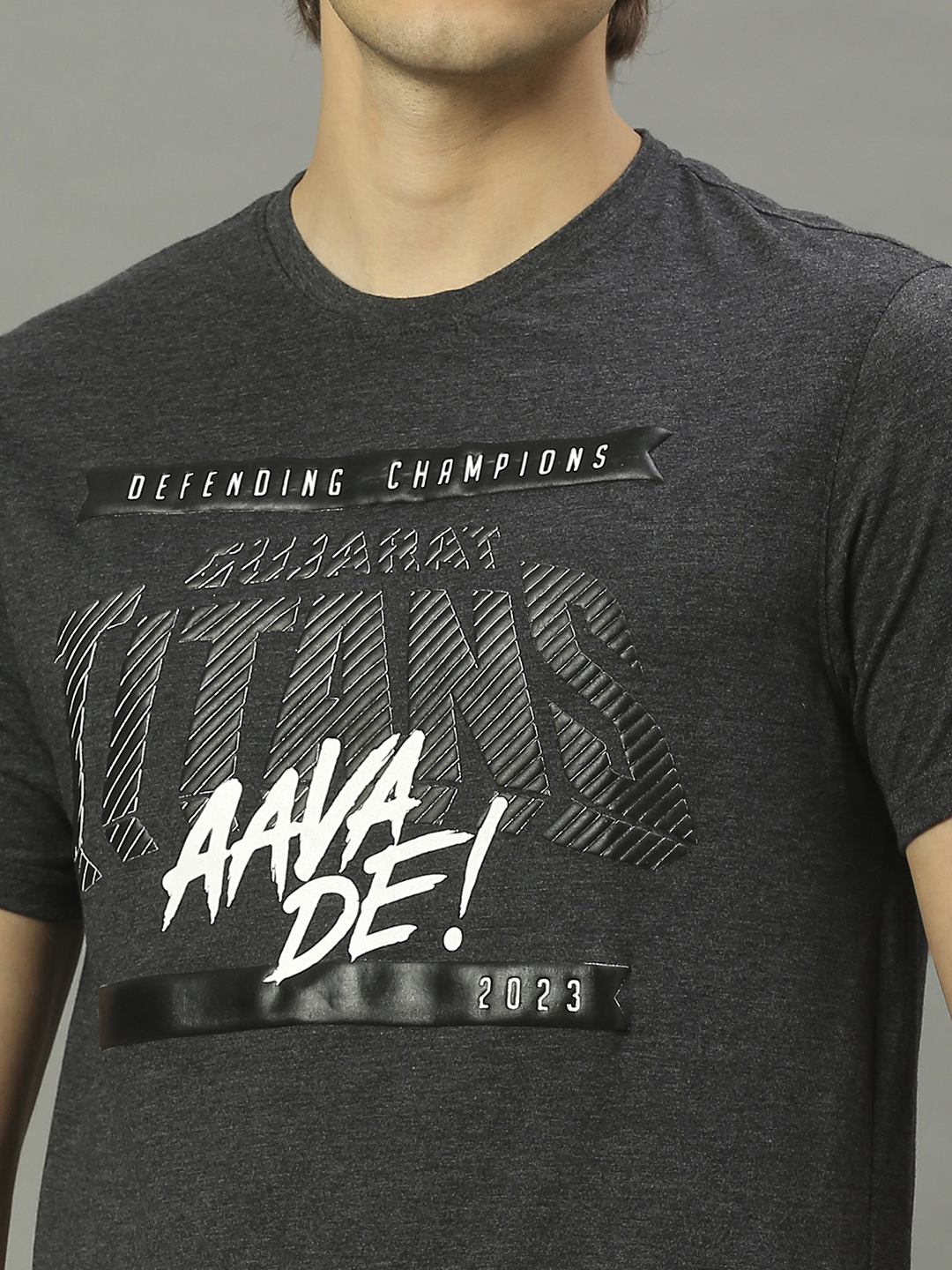 Gujarat Titans Men Anthra Melange Typography Print Half Sleves Round Neck T-Shirt (6)
