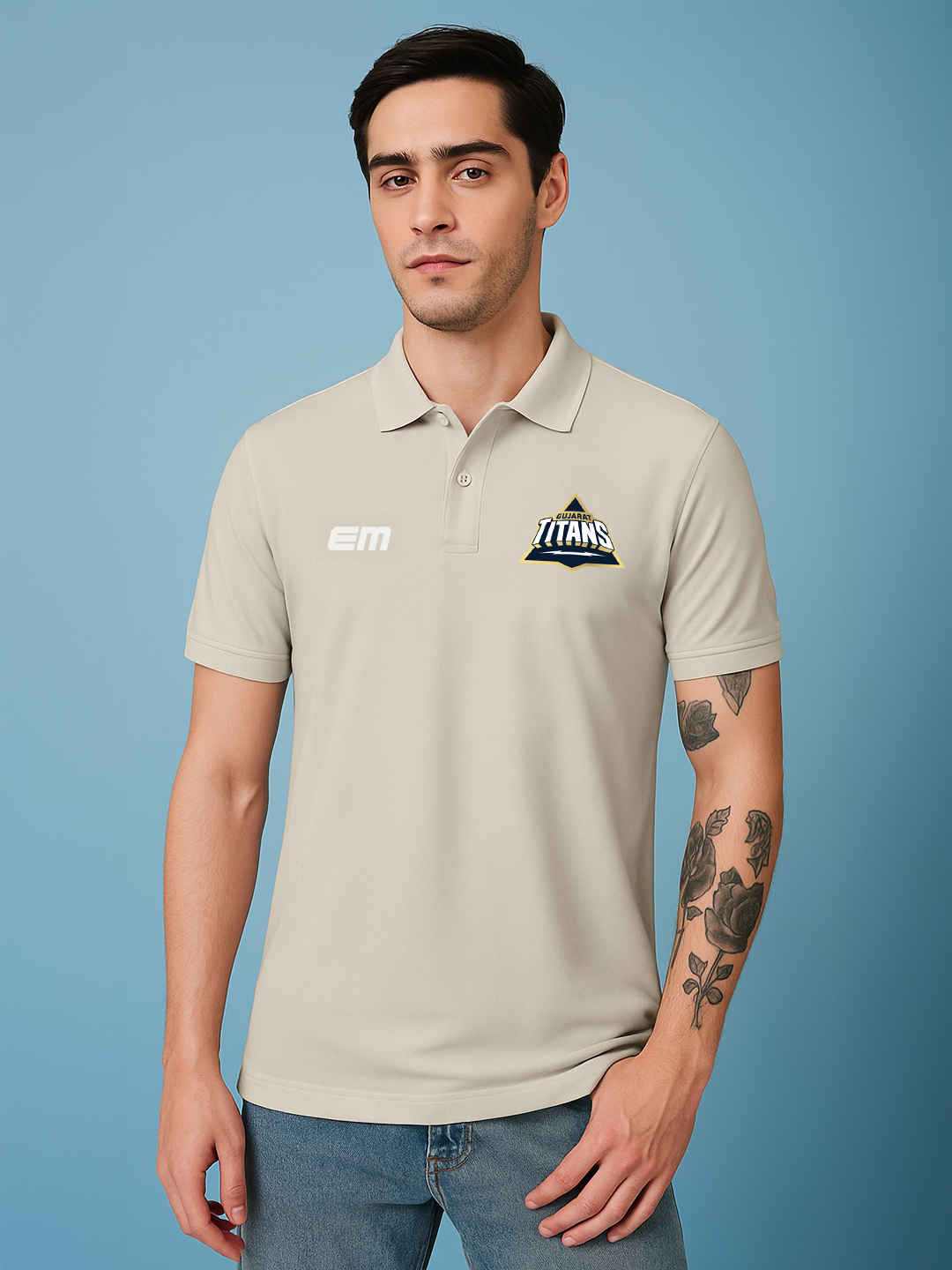 Gujarat Titans Men Beige Logo Printed Half Sleeves Polo Collar Polyester T-Shirt (1)