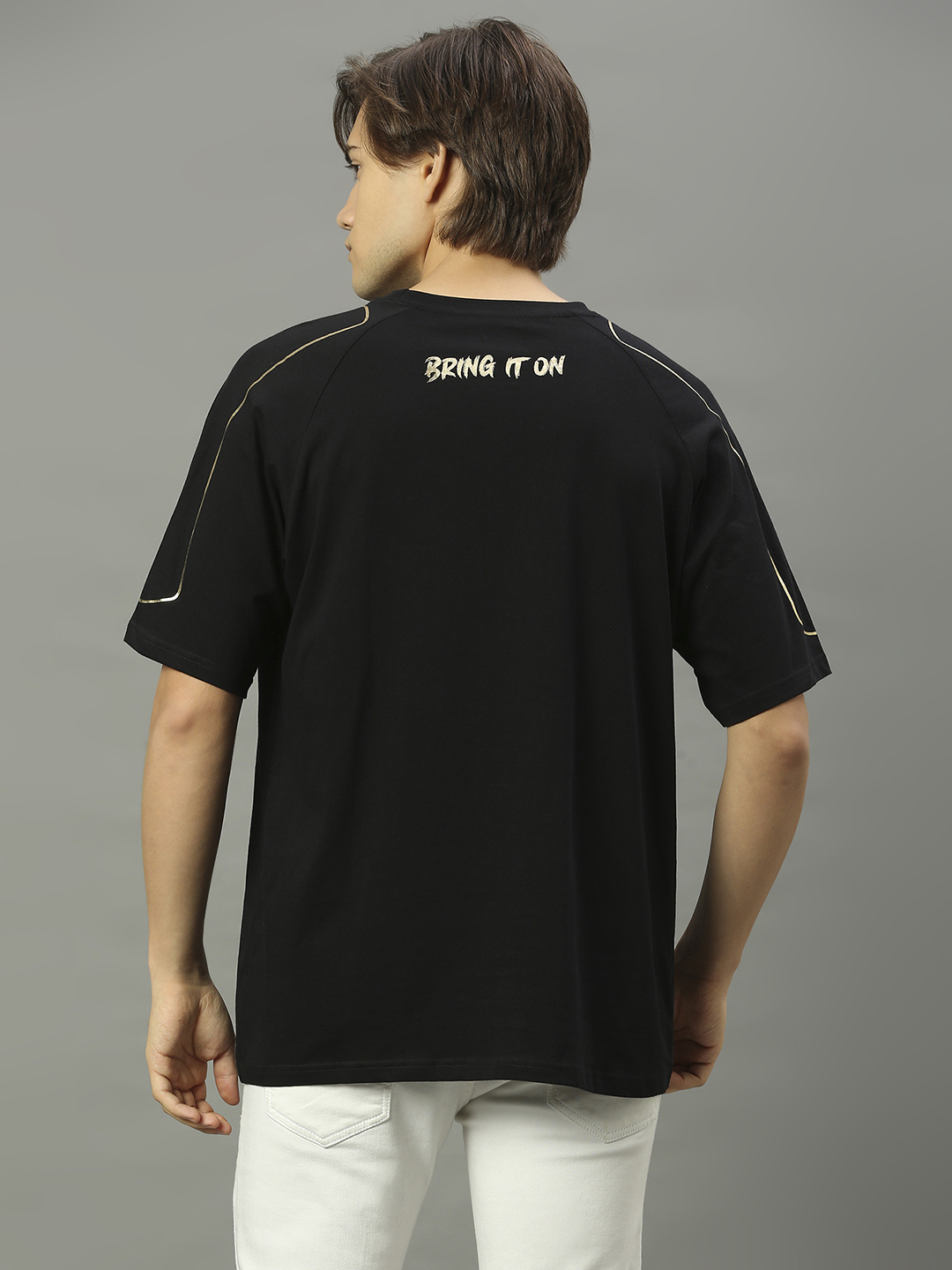 Gujarat Titans Men Black and Golden Foil Print Half Sleeves Oversized T-Shirt (3)