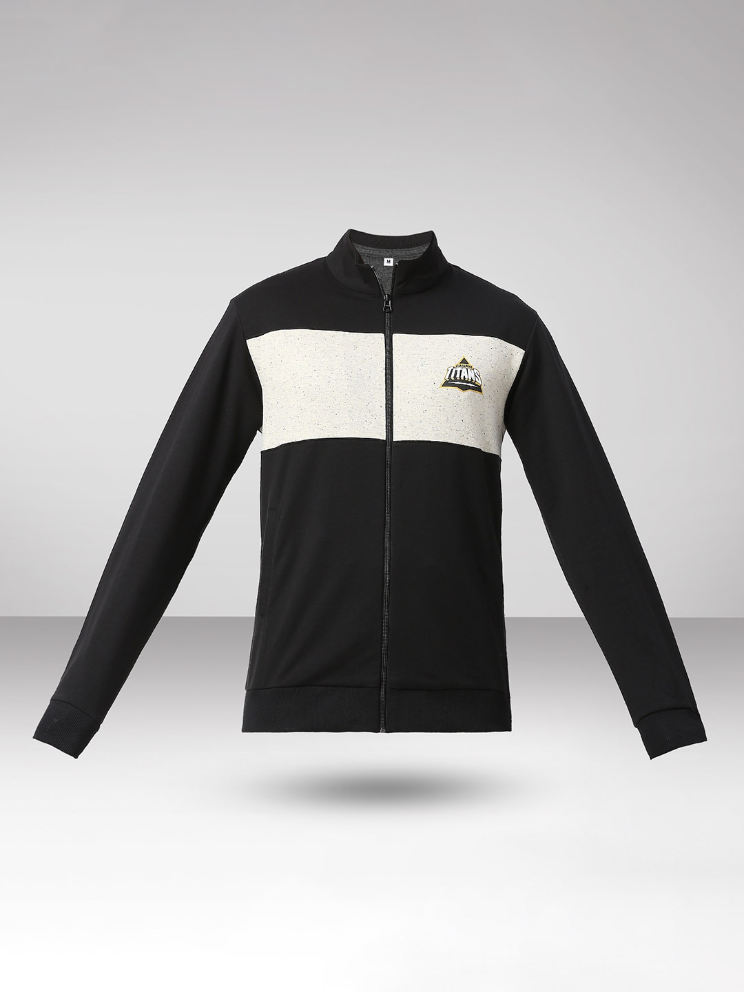 Gujarat Titans Men Black and Grey Colourblocked Full Sleeves Front Open Sweatshirt (1)