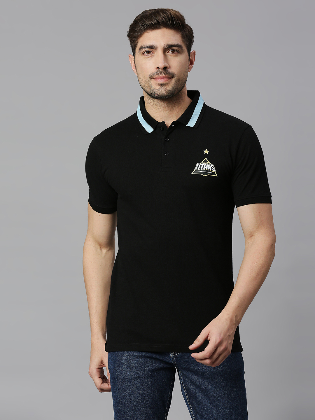 Gujarat Titans Men Black Solid Half Sleeves Polo Collar Cotton T-Shirt (1)