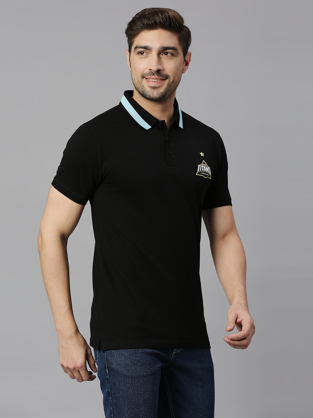 Gujarat Titans Men Black Solid Half Sleeves Polo Collar Cotton T-Shirt (3)