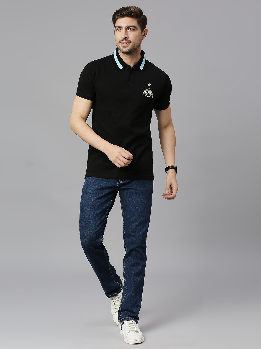 Gujarat Titans Men Black Solid Half Sleeves Polo Collar Cotton T-Shirt (4)