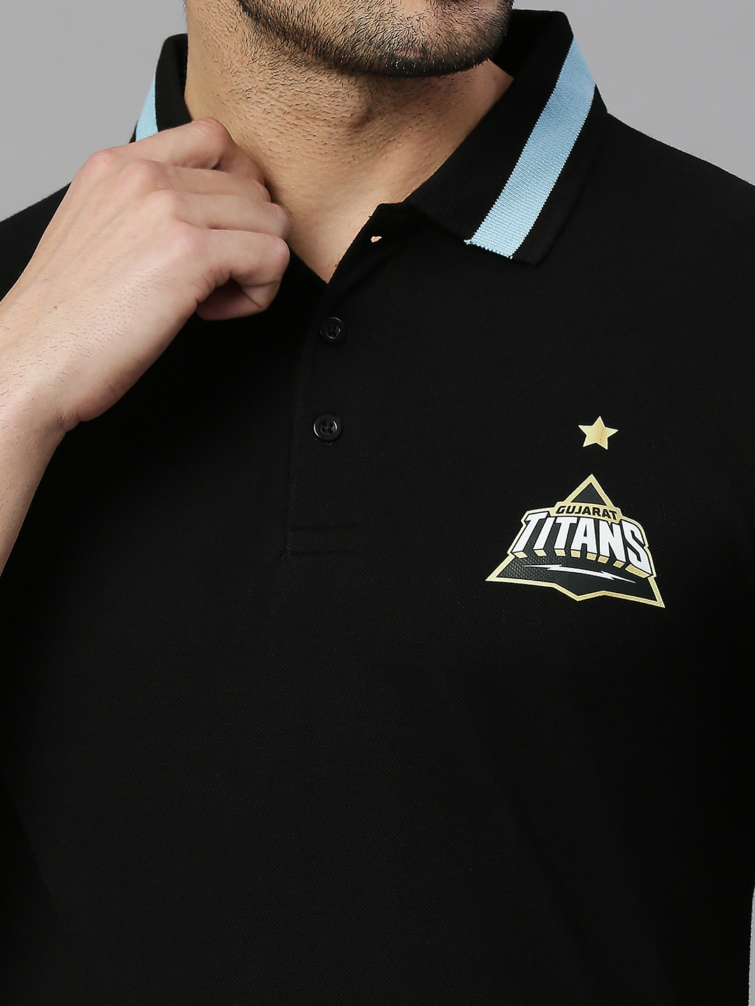 Gujarat Titans Men Black Solid Half Sleeves Polo Collar Cotton T-Shirt (5)