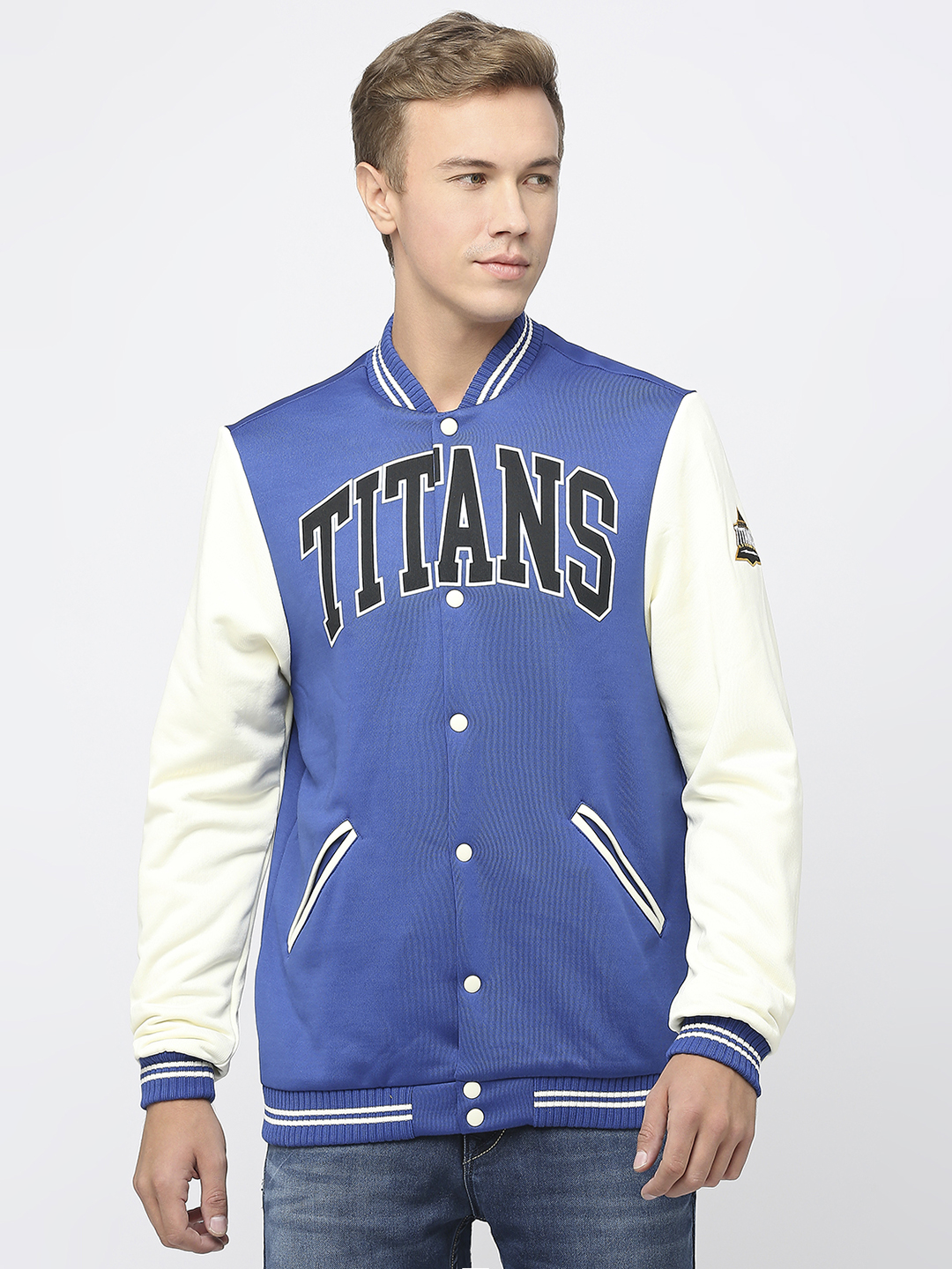 Gujarat Titans Men Blue and White Typography Printed Full Sleeves Stand Collar Varsity Jacket  (1)