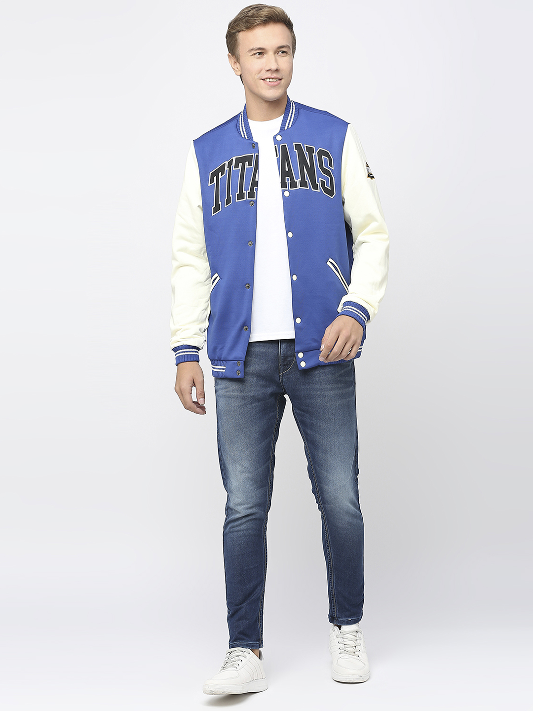 Gujarat Titans Men Blue and White Typography Printed Full Sleeves Stand Collar Varsity Jacket  (5)