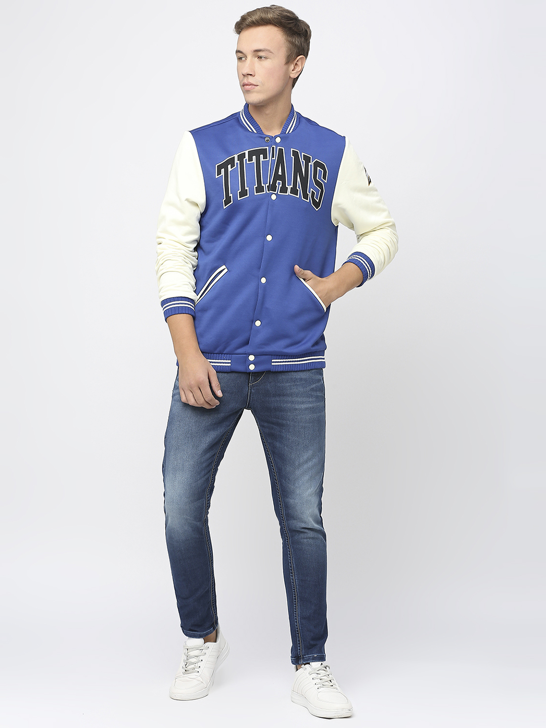 Gujarat Titans Men Blue and White Typography Printed Full Sleeves Stand Collar Varsity Jacket  (6)