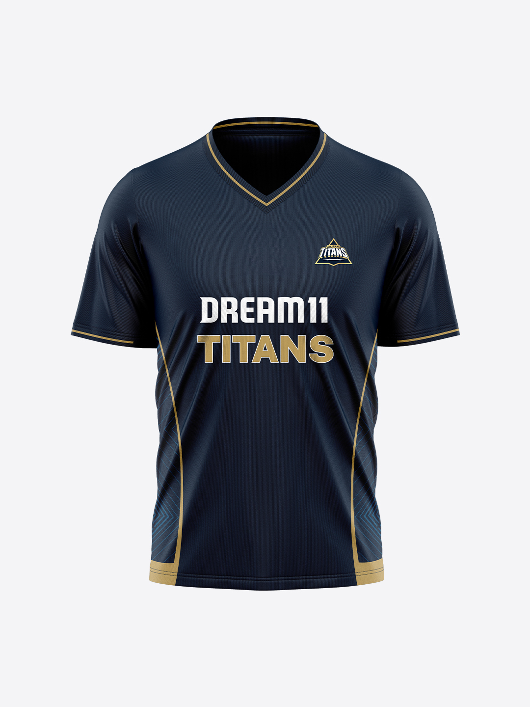 Dream11 Men Navy Blue and Gold Striped Half Sleeves V-Neck Polyester T-Shirt (7)