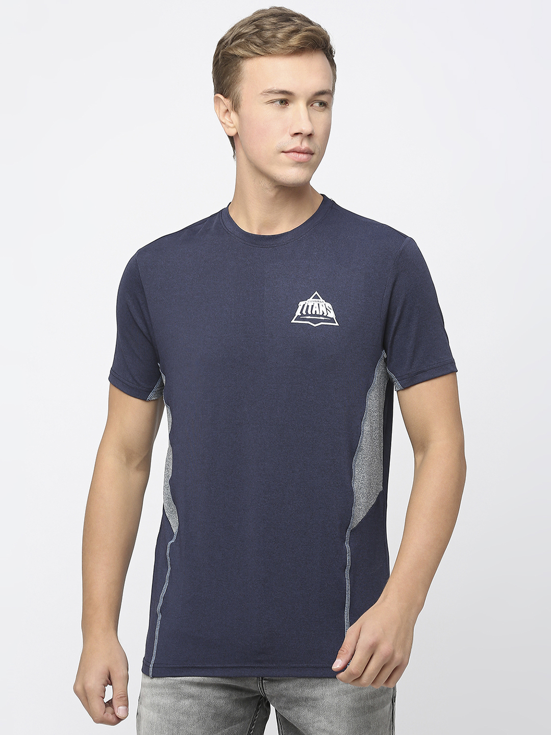 Men Navy Blue and Grey Colourblocked Half Sleeves Round Neck T-Shirt