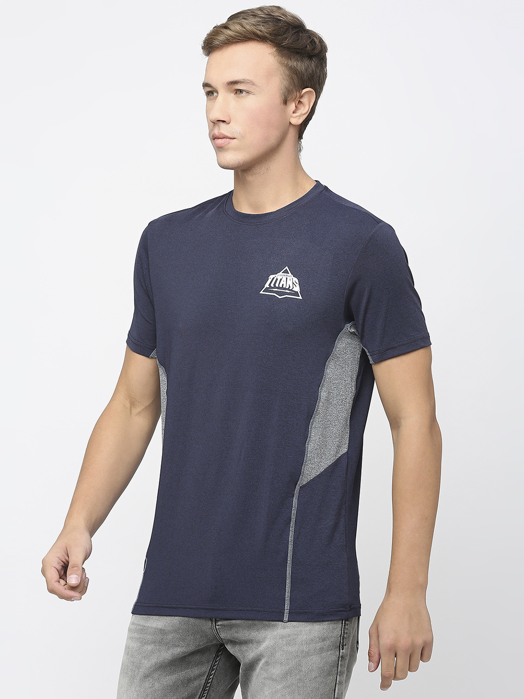 Gujarat Titans Men Navy Blue and Grey Colourblocked Half Sleeves Round Neck T-Shirt (2)