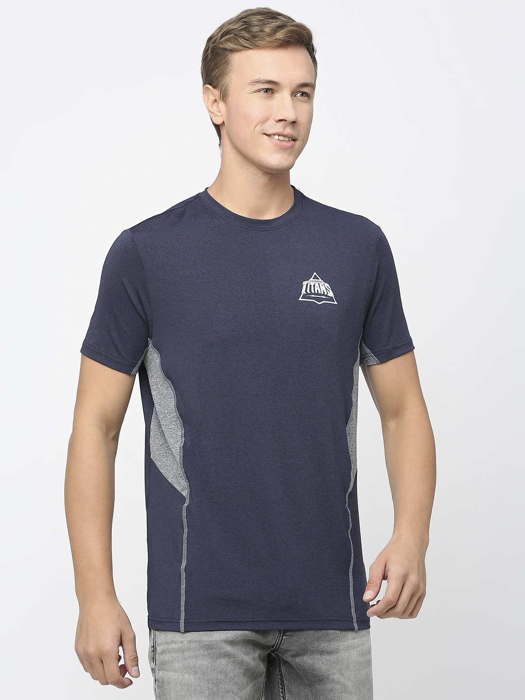 Gujarat Titans Men Navy Blue and Grey Colourblocked Half Sleeves Round Neck T-Shirt (3)