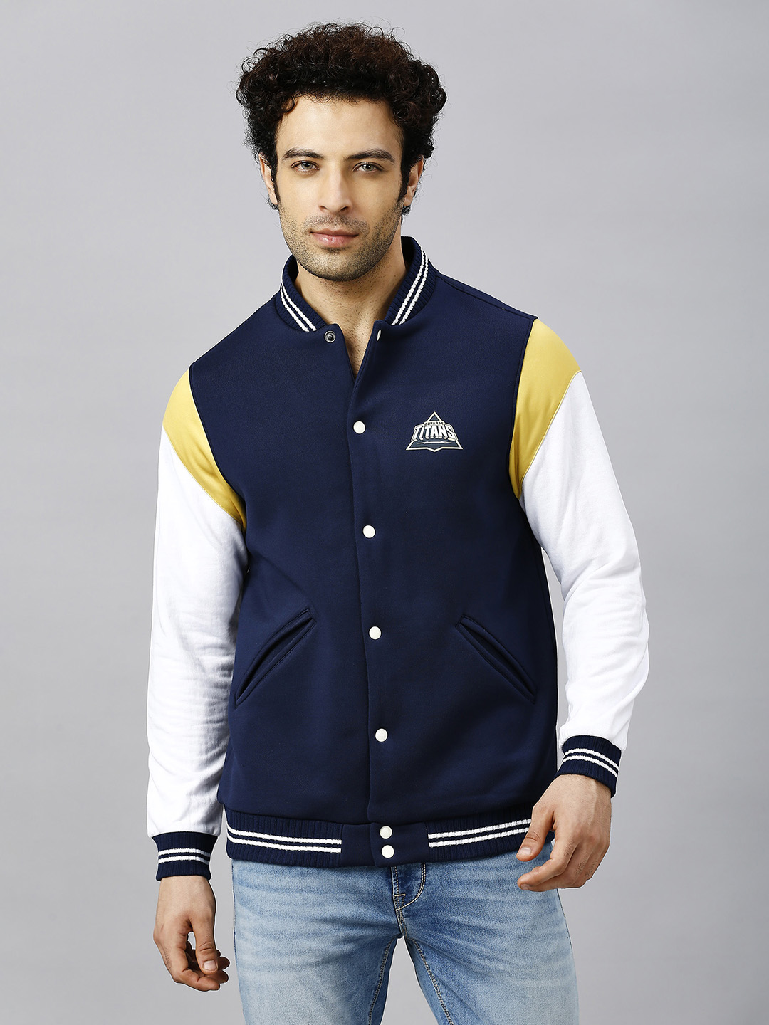 Men Navy Blue and White Colourblocked Printed Full Sleeves Stand Collar Bomber Jacket