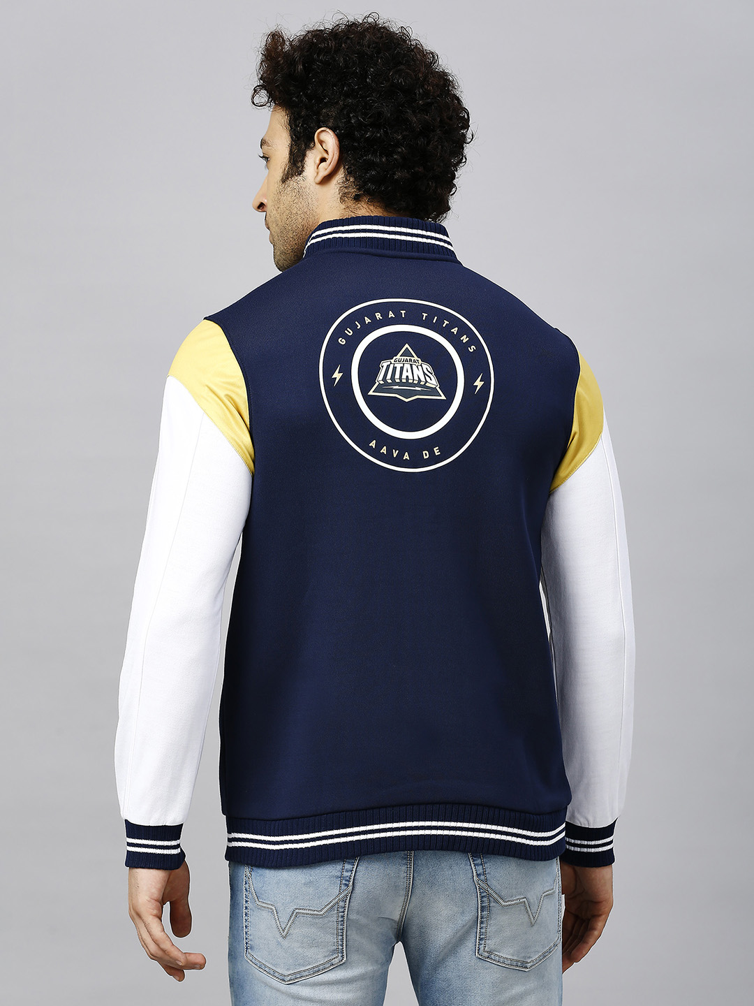 Gujarat Titans Men Navy Blue and White Colourblocked Printed Full Sleeves Stand Collar Bomber Jacket (4)