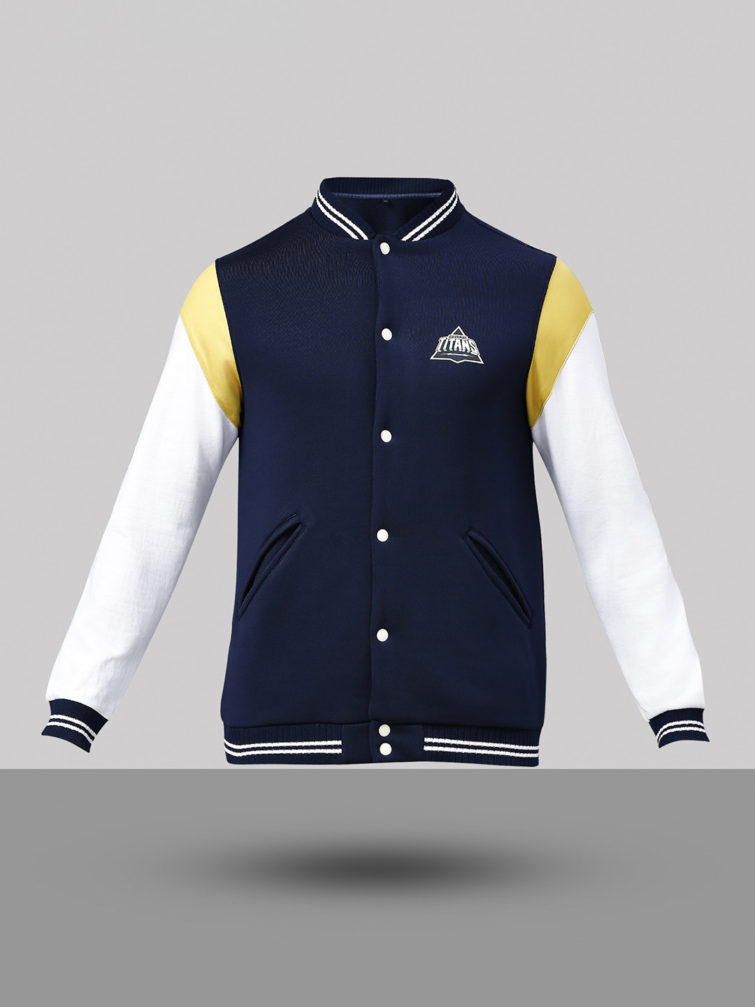 Gujarat Titans Men Navy Blue and White Colourblocked Printed Full Sleeves Stand Collar Bomber Jacket (7)