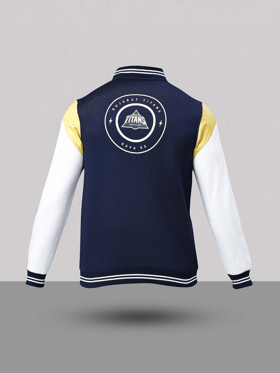 Gujarat Titans Men Navy Blue and White Colourblocked Printed Full Sleeves Stand Collar Bomber Jacket (8)
