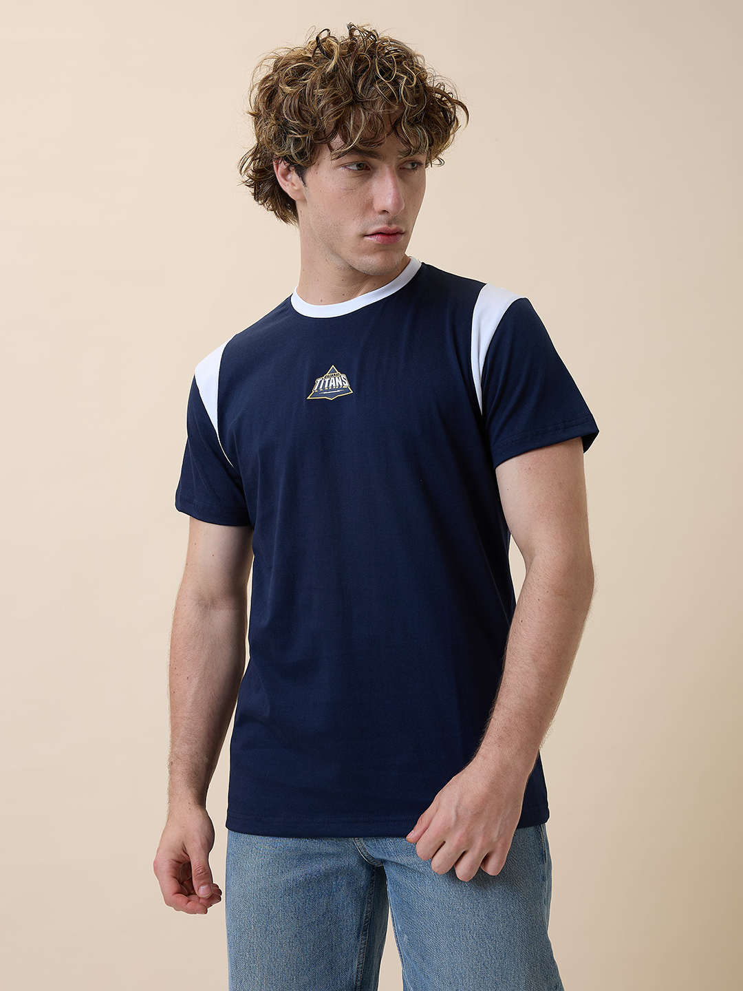 Men Navy Blue and White Striped Half Sleeves Round Neck Cotton T-Shirt