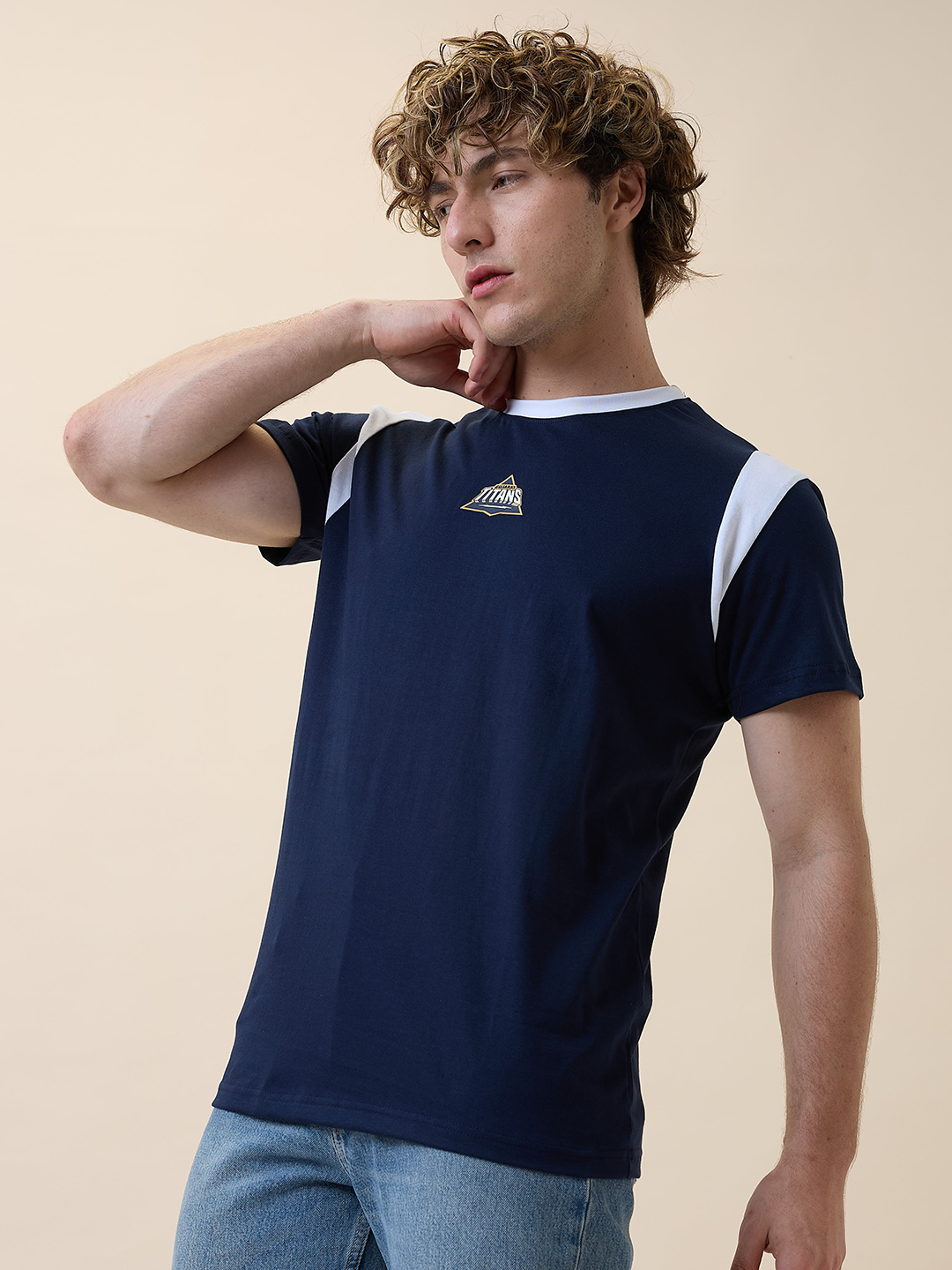 Gujarat Titans Men Navy Blue and White Striped Half Sleeves Round Neck Cotton T-Shirt (3)
