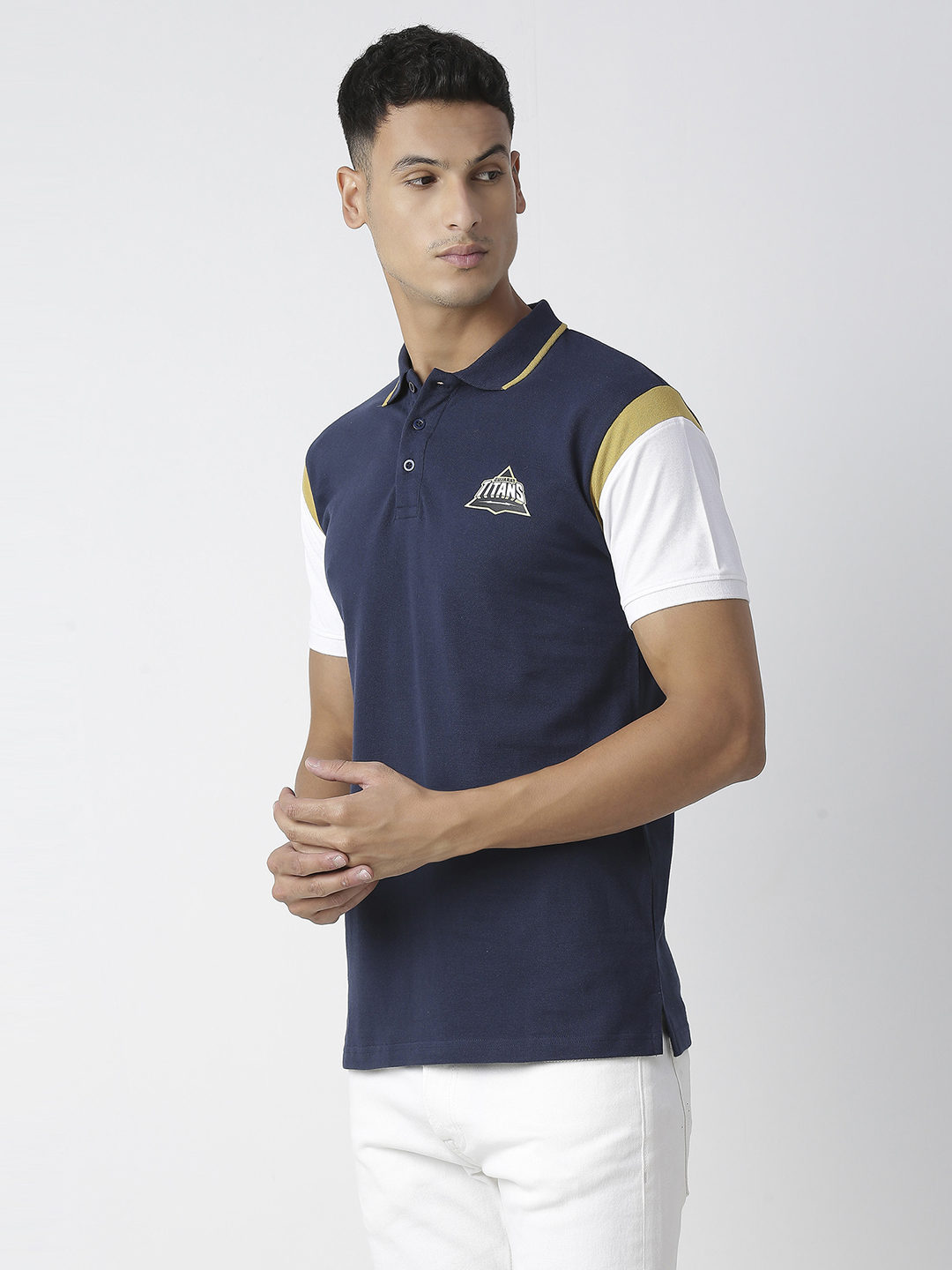 Gujarat Titans Men Navy Blue and White Typography Printed Colourblocked Half Sleeves Polo Collar Cotton T-Shirt (2)