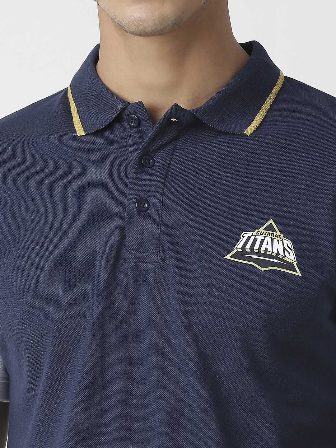 Gujarat Titans Men Navy Blue and White Typography Printed Colourblocked Half Sleeves Polo Collar Cotton T-Shirt (6)