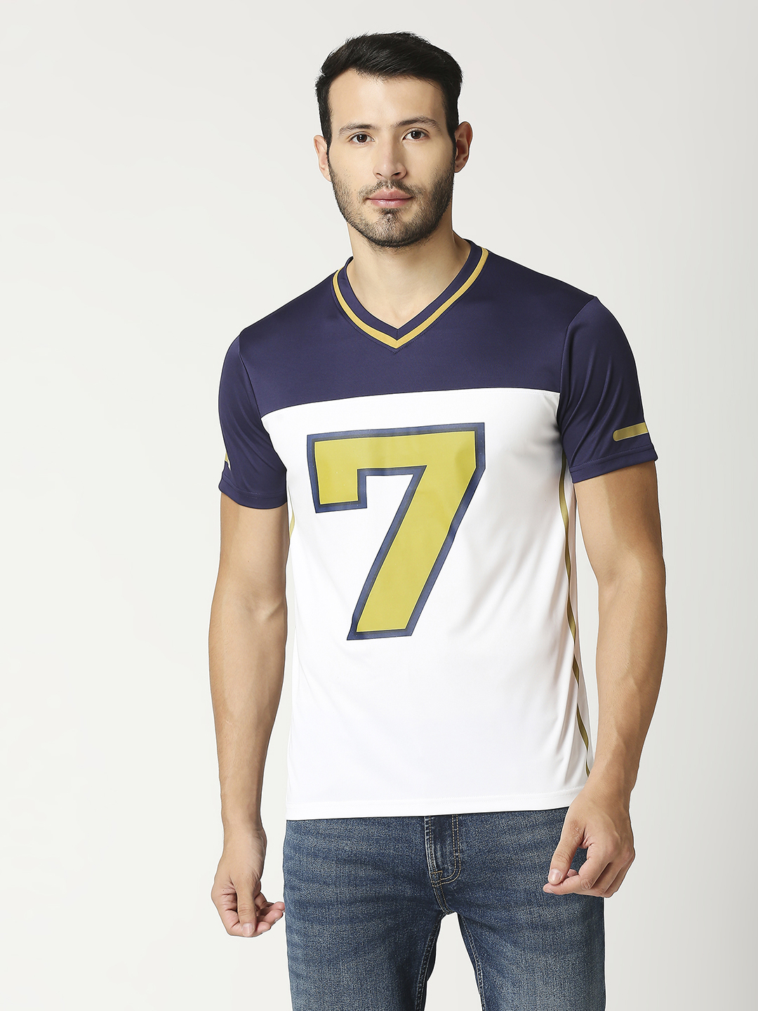 Men Navy Blue and White Typography Printed Colourblocked Half Sleeves V-Neck Polyester T-Shirt