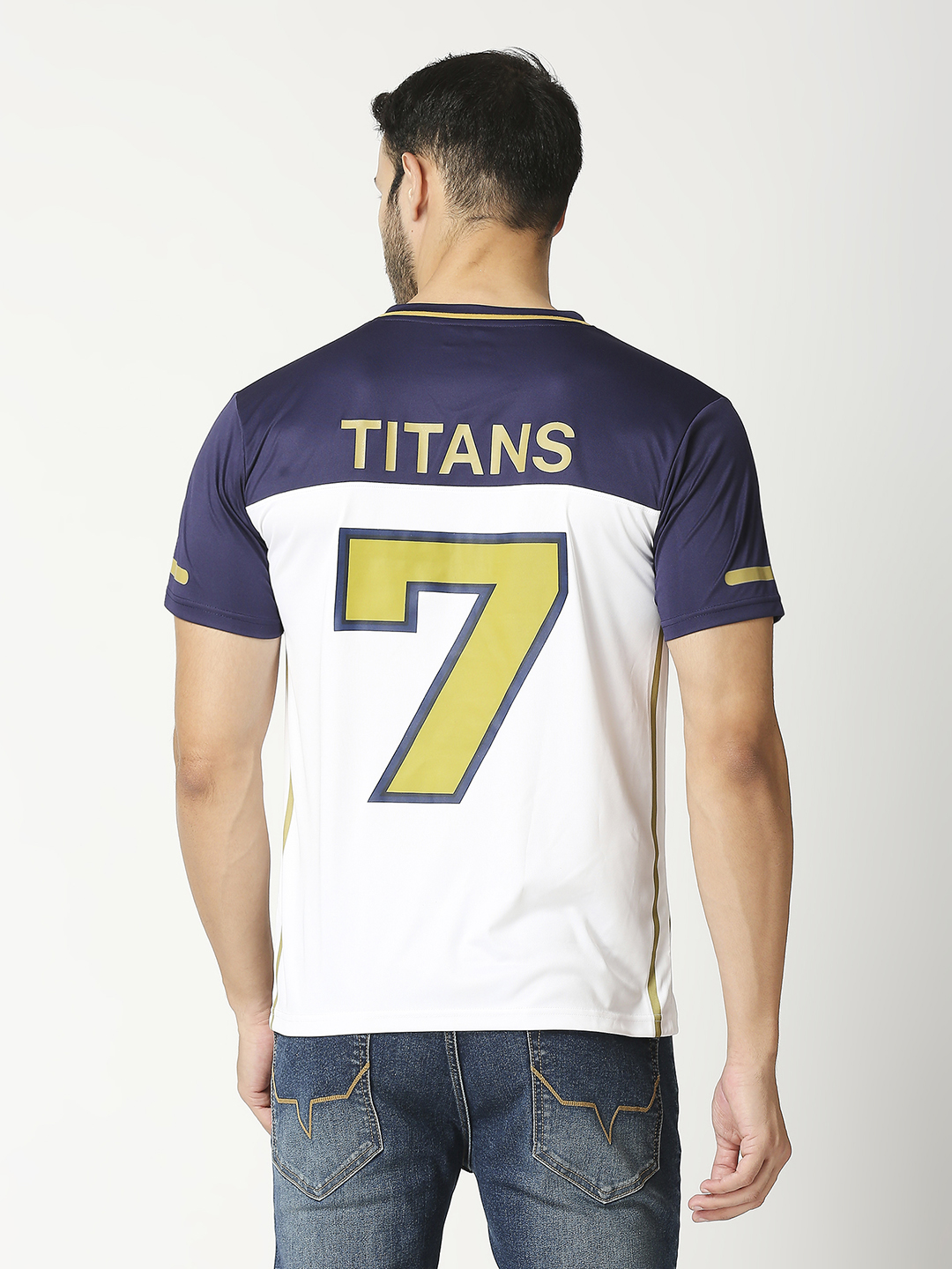 Gujarat Titans Men Navy Blue and White Typography Printed Colourblocked Half Sleeves V-Neck Polyester T-Shirt (4)