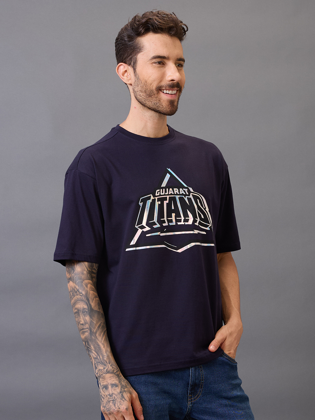 Gujarat Titans Men Navy Blue Graphic Printed Half Sleeves Round Neck Oversized Cotton T-Shirt (4)