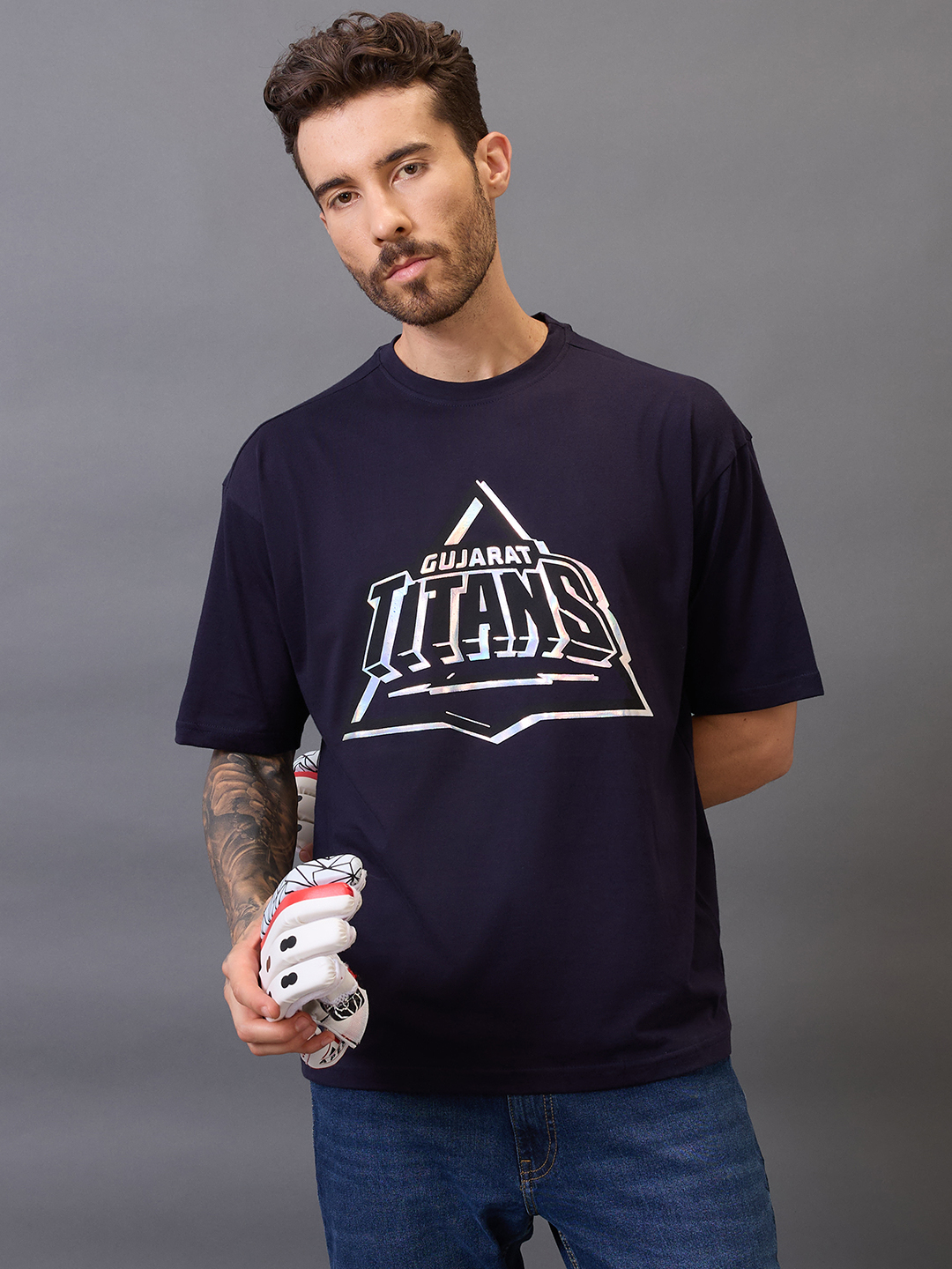 Men Navy Blue Graphic Printed Half Sleeves Round Neck Oversized Cotton T-Shirt