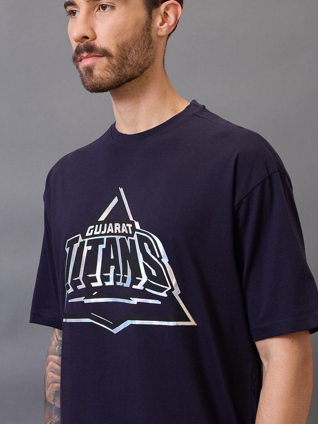 Gujarat Titans Men Navy Blue Graphic Printed Half Sleeves Round Neck Oversized Cotton T-Shirt (2)