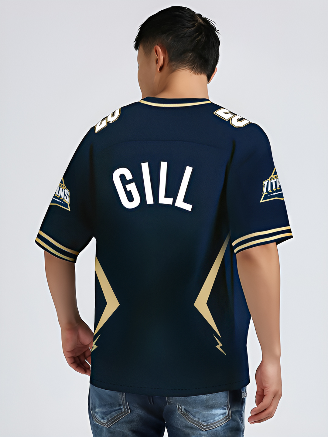 Gujarat Titans Men Navy Blue Graphic Printed V-Neck Polyester Oversized T-Shirt (3)