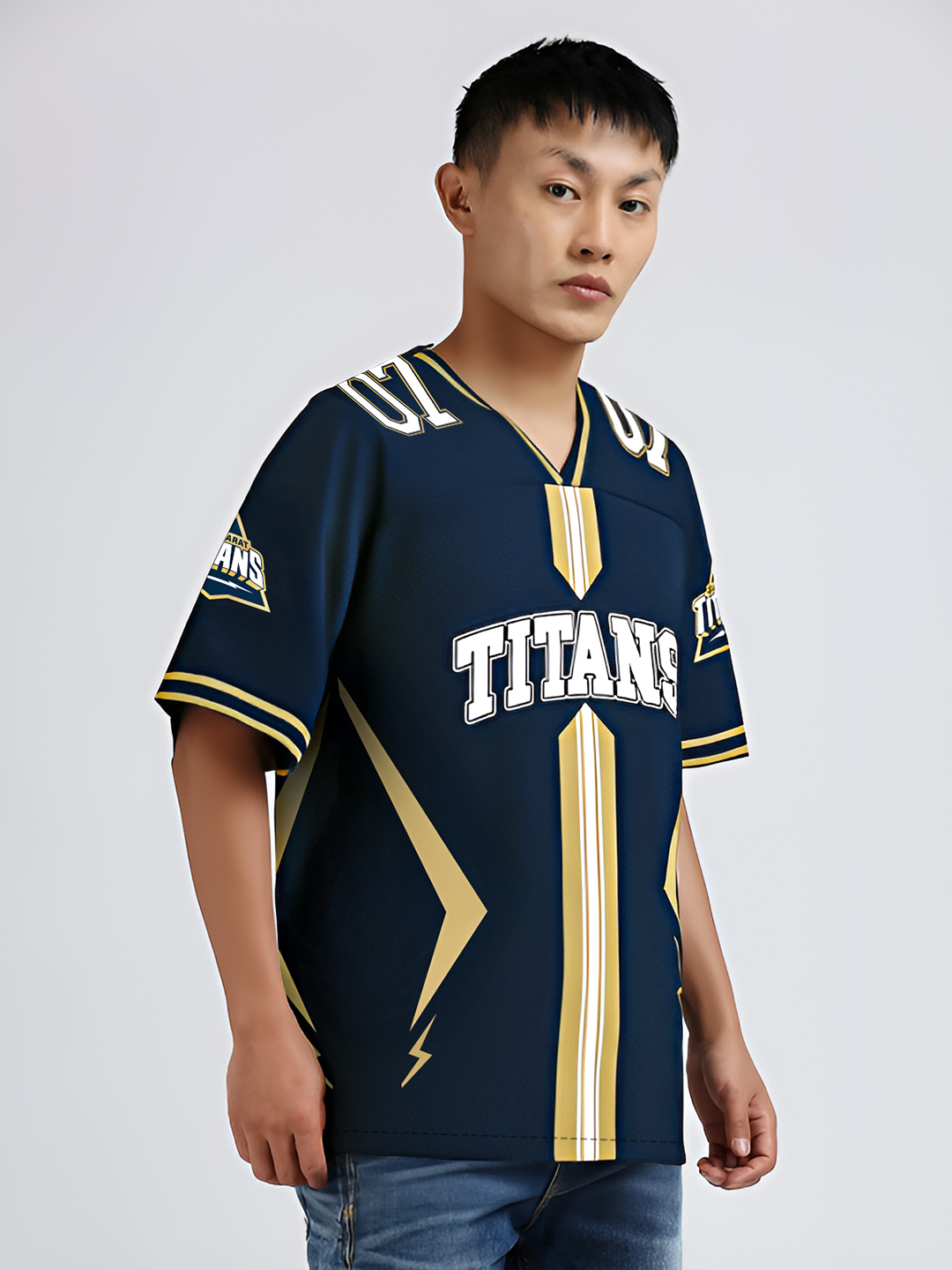 Men Navy Blue Graphic Printed V-Neck Polyester Oversized T-Shirt