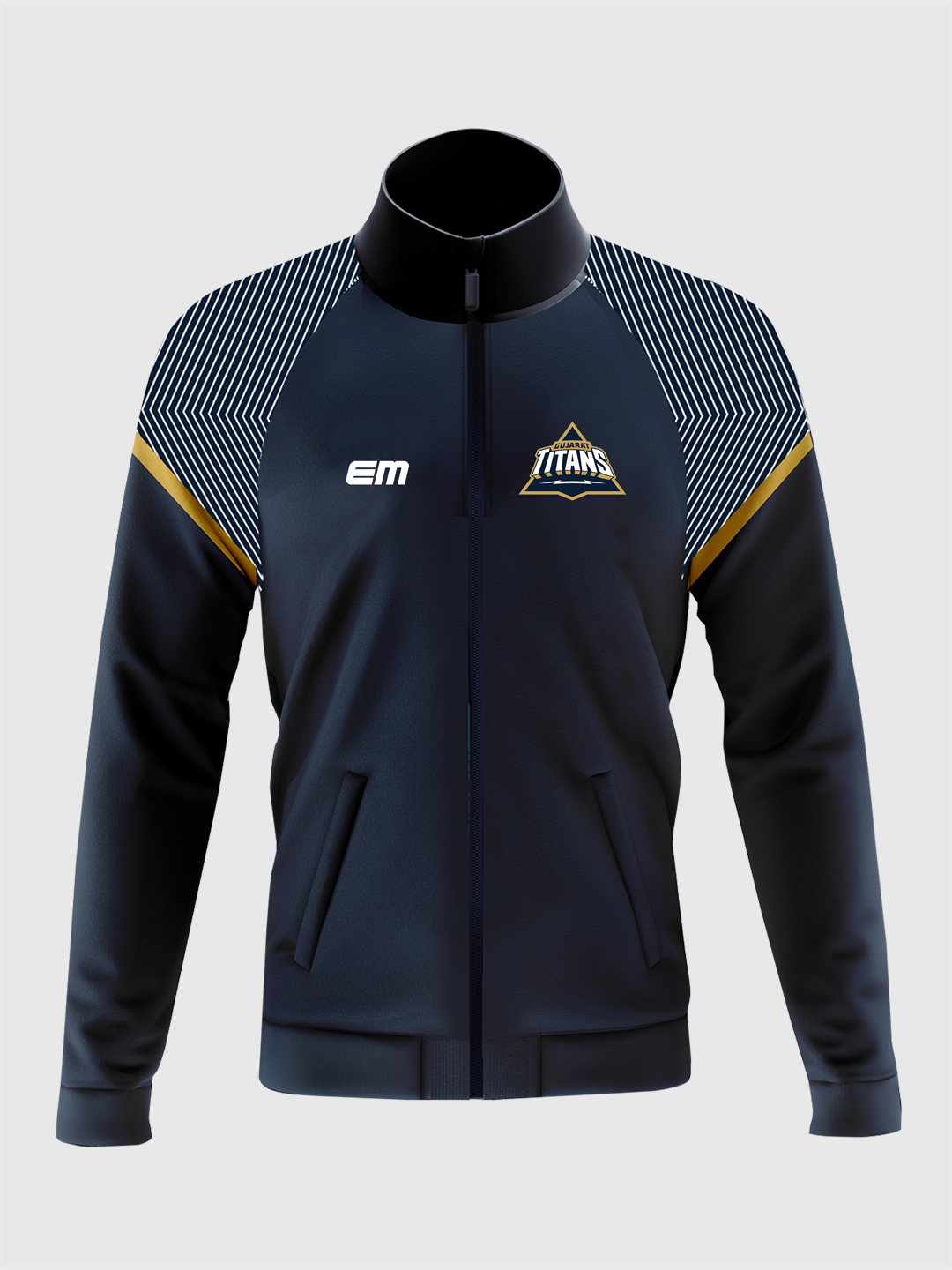 Men Navy Blue High Neck Full Sleeves Polyester Training Jacket