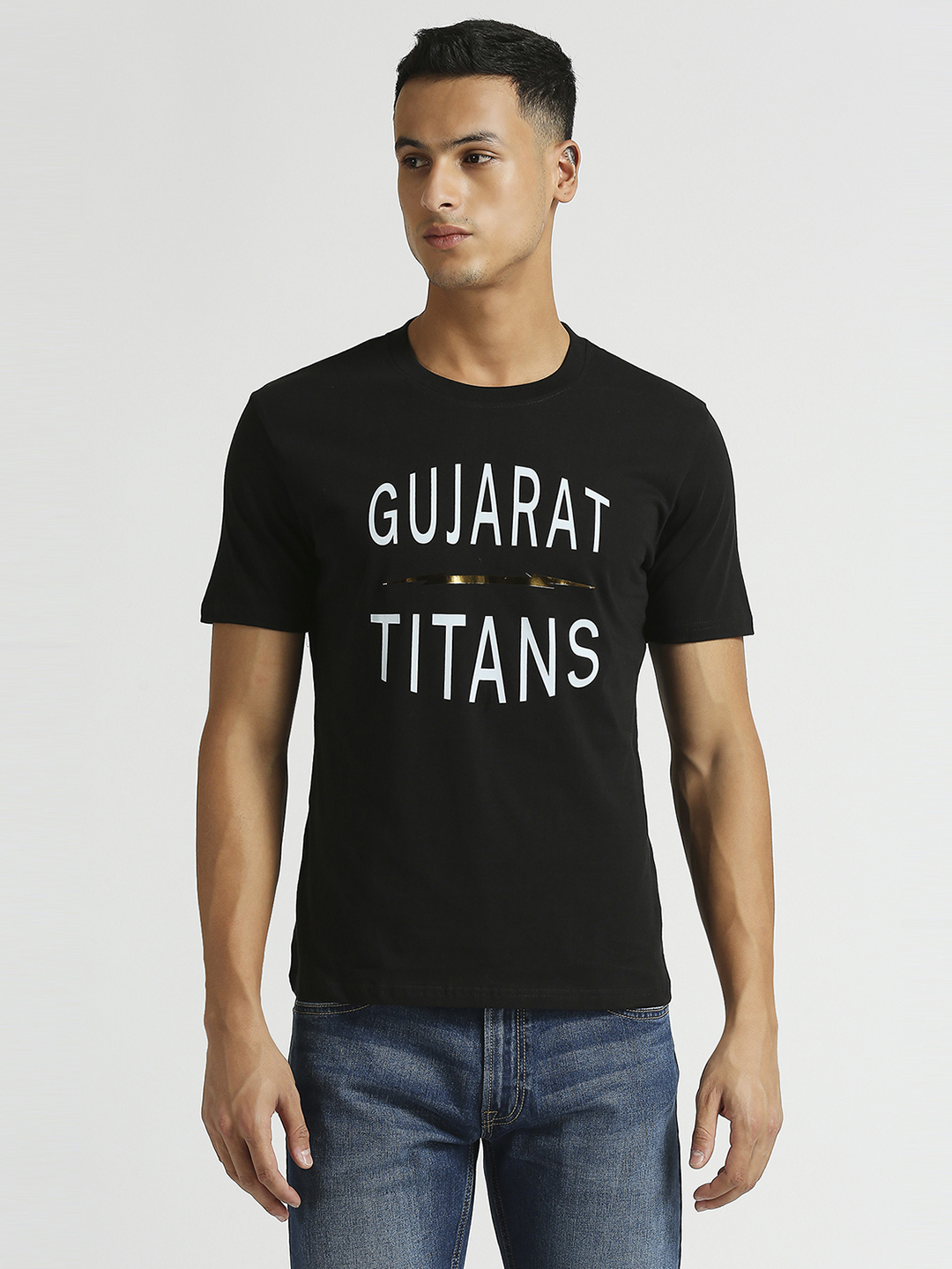 Men Navy Blue Logo Printed Half Sleeves Round Neck Cotton T-Shirt
